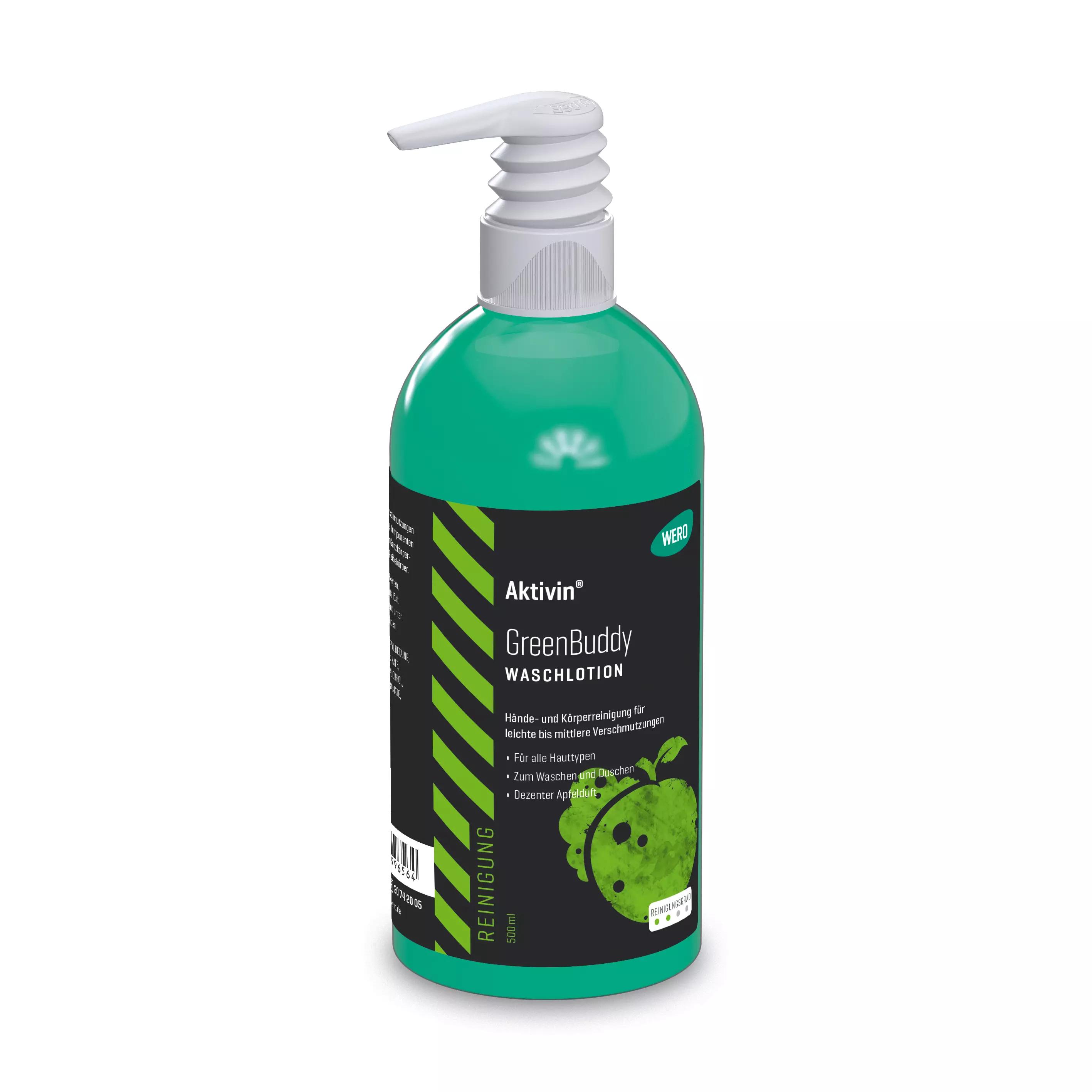 Dispenserflasche Waschlotion Aktivin® GreenBuddy mit grün-schwarzem Design, frischem Apfelduft und rückfettenden Komponenten, 500 ml.