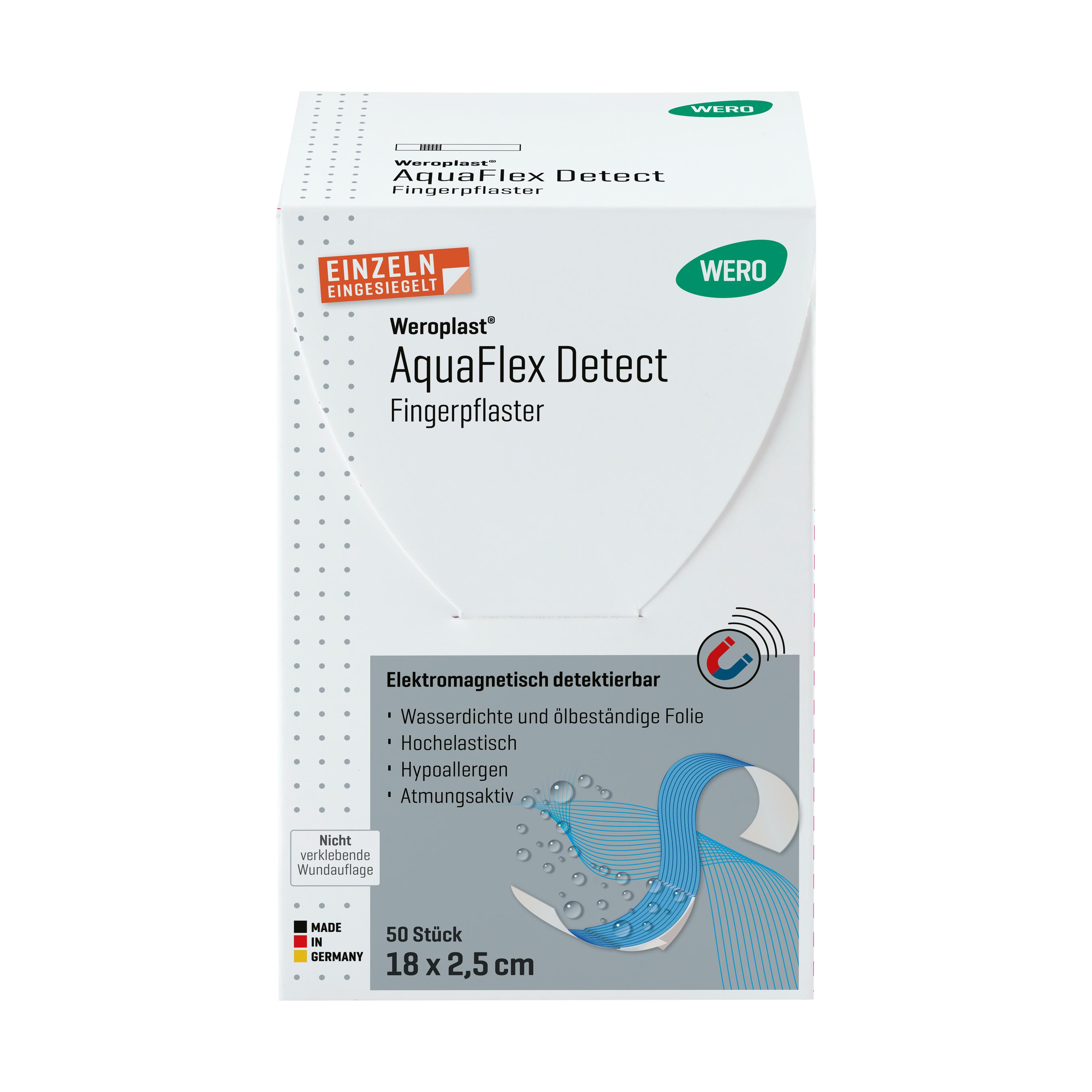 Eine Hand hält ein blaues Weroplast® AquaFlex Detect Fingerpflaster, das wasserdicht ist und eine visuelle Erkennbarkeit bietet, zwischen den Fingern.