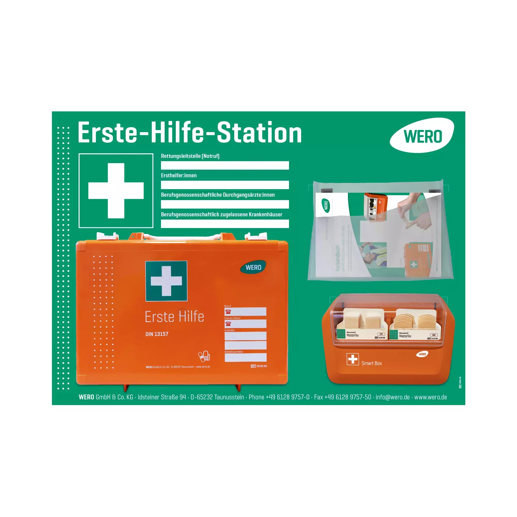Orangefarbene WERO Erste-Hilfe-Station - gefüllt, mit Werotop® 350 Koffer nach DIN 13157, Smart Box® Pflasterspender und Dokumentationsmaterial.