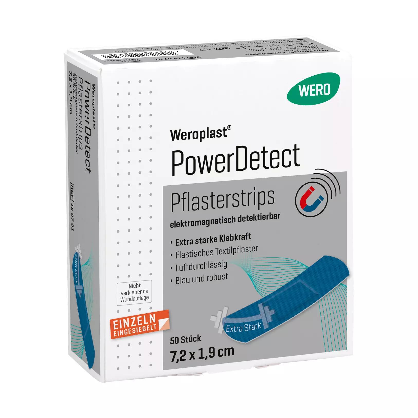Eine Verpackung der Pflasterstrips Weroplast® PowerDetect - 7,2 cm, 1,9 cm mit blauem, robustem, detektierbarem Pflaster und extra starker Klebkraft.
