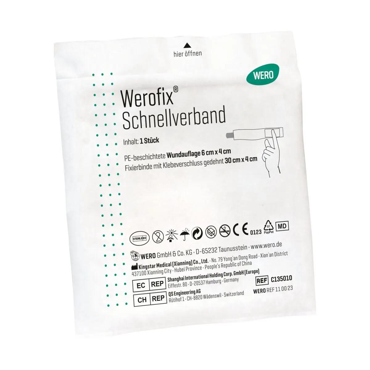 Eine einzeln verpackte Werofix® Schnellverband, steril - 1 Stk mit extra saugstarker 4 x 6 cm Wundauflage und nicht verklebender Beschichtung.