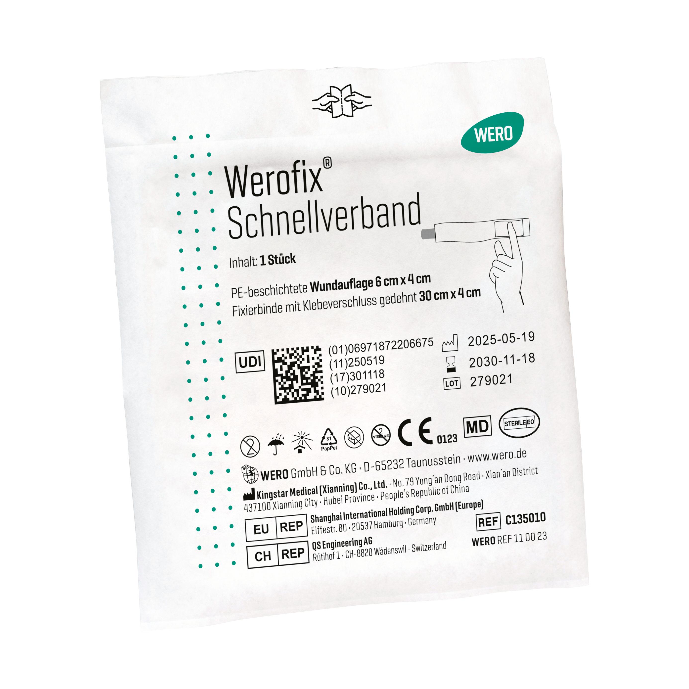 Eine einzeln verpackte Werofix® Schnellverband, steril - 1 Stk mit extra saugstarker 4 x 6 cm Wundauflage und nicht verklebender Beschichtung.