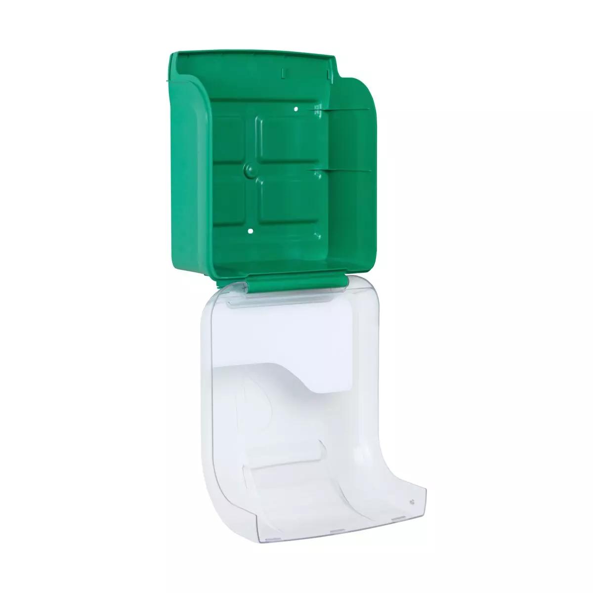 Grüner AED-Wandschrank AIVIA IN 100 aus ABS-Kunststoff mit transparenter Polycarbonatabdeckung, offen mit Fächern und ergonomischem Handgriff.