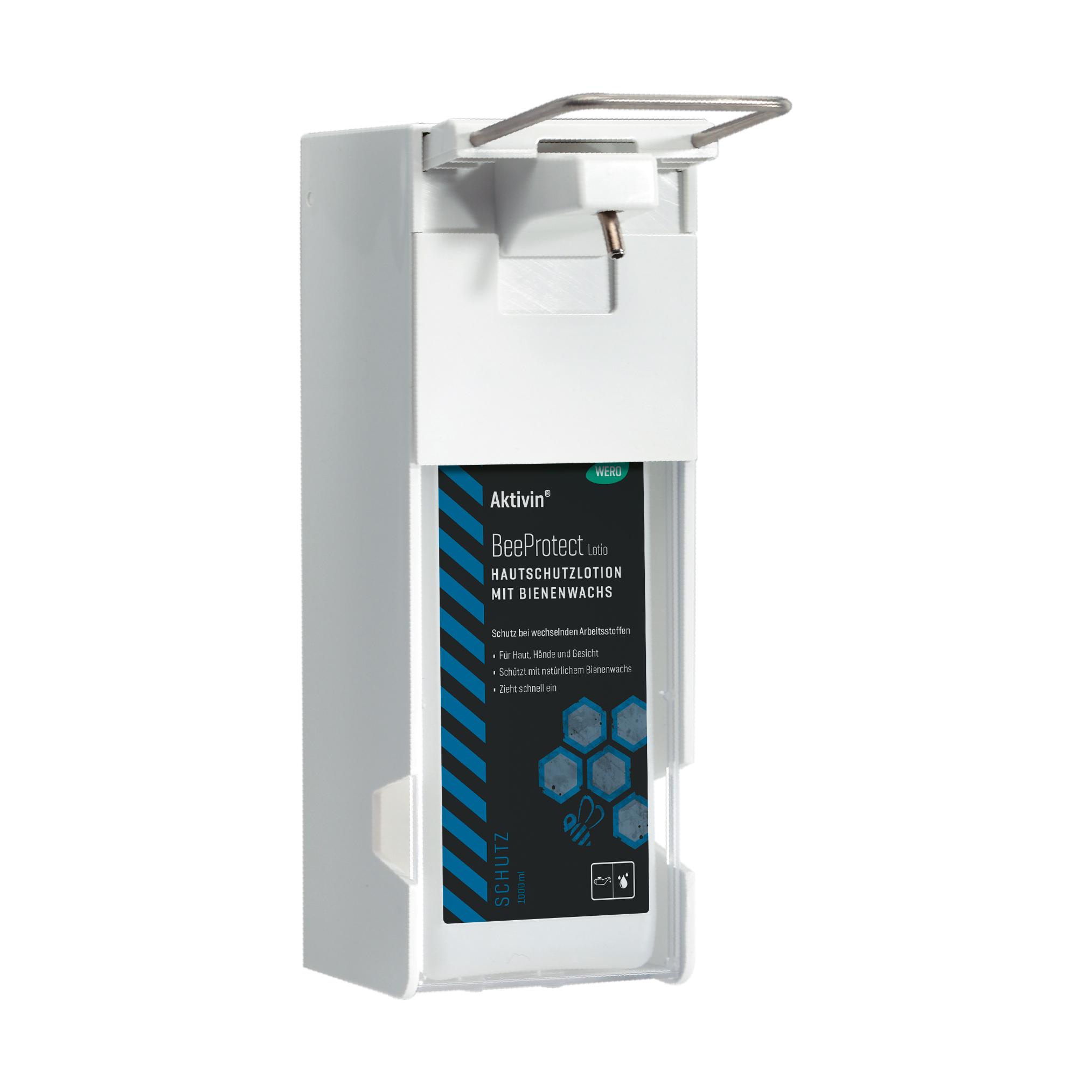 Alt-Text: Kunststoff-Direktspender für Flüssigseifen, Lotionen und Desinfektion mit silbernem Griff und blauen Akzenten, stehend mit lesbarem Etikett.