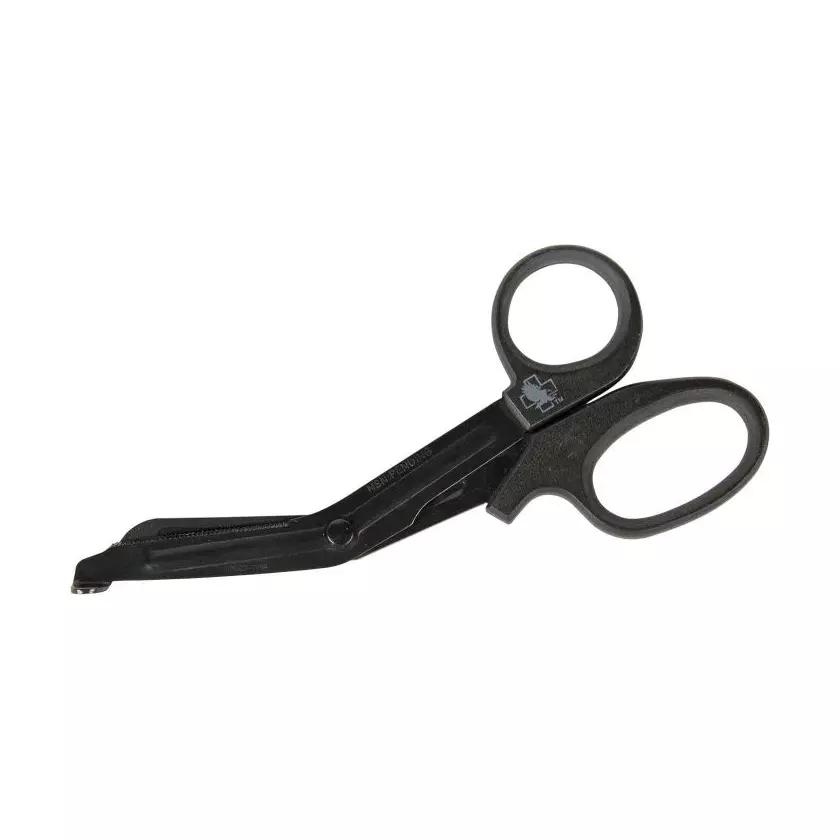 Schwarze NAR Trauma Shear - 15,8 cm mit gezahnter Klinge aus Edelstahl, rundem Griff und schwarzem Kreuzsymbol, geöffnet auf weißem Grund.
