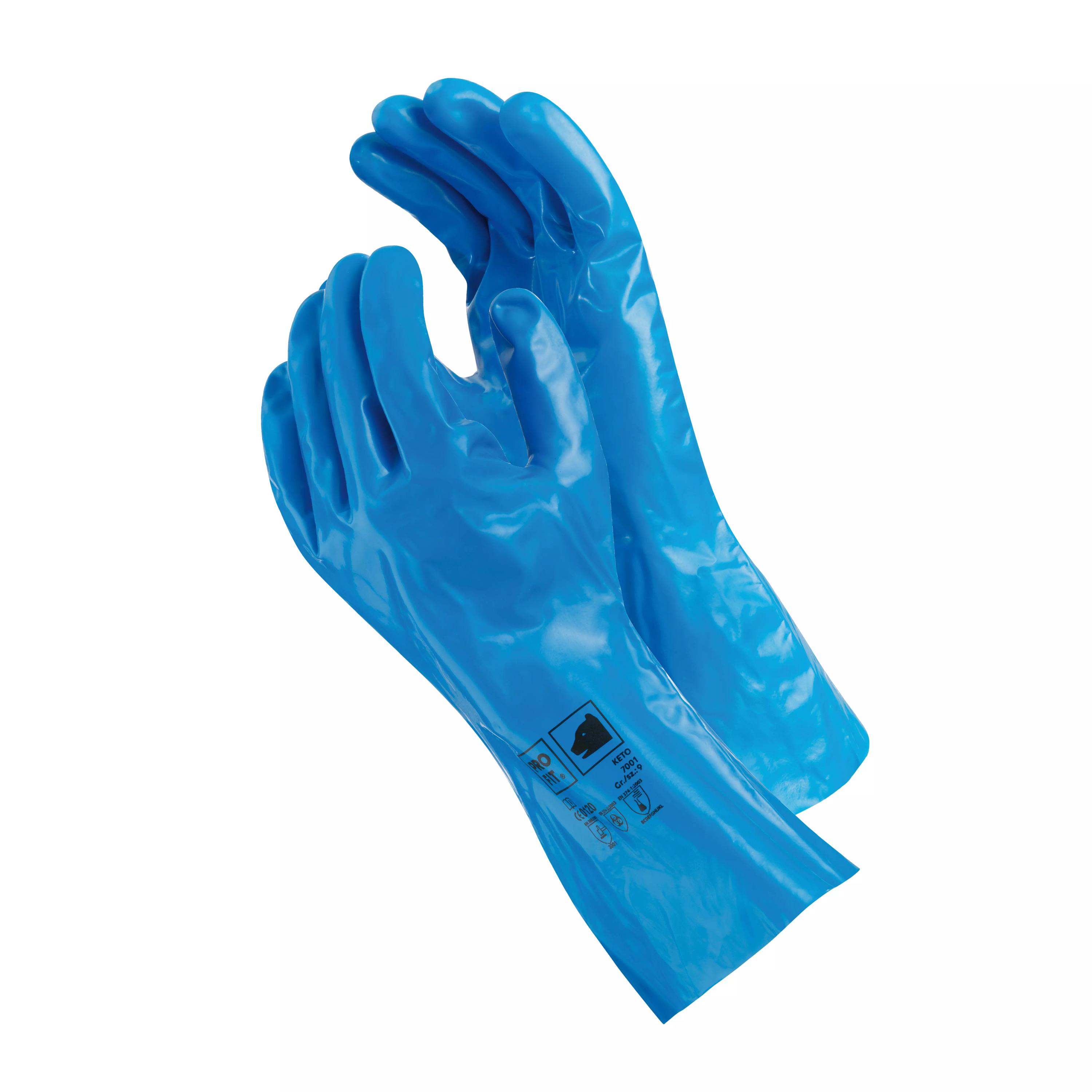 Zwei blaue Chemikalienschutzhandschuhe Keto 33 - Blau, 10 aus glattem, strapazierfähigem Material, übereinandergelegt und mit kleinem Logo auf der Handfläche.