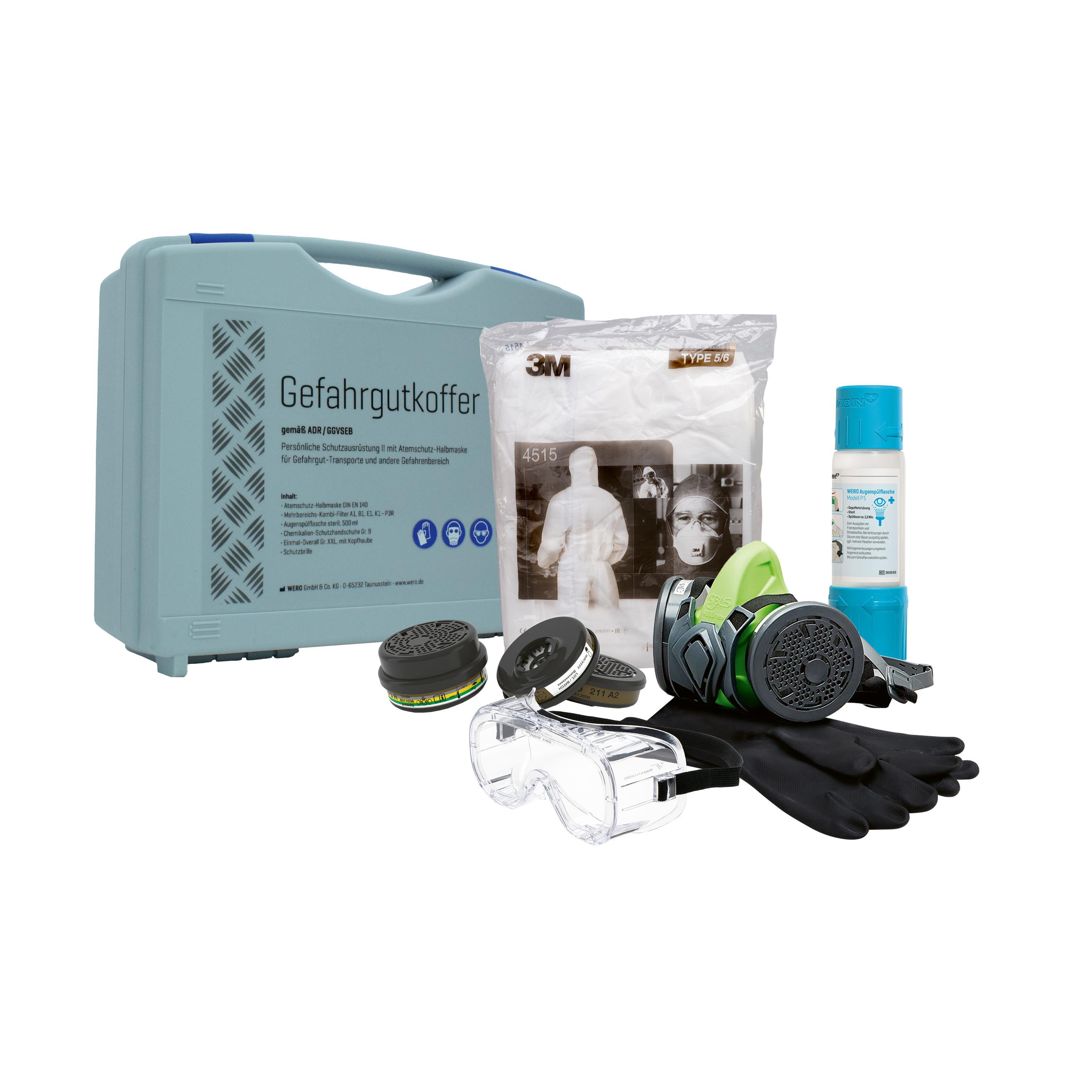 Gefahrgutkoffer mit Halbmaske, bestehend aus einer Halbmaske nach DIN EN 140, Kombifilter, schwarzen Chemikalienschutzhandschuhen und Schutzbrille.