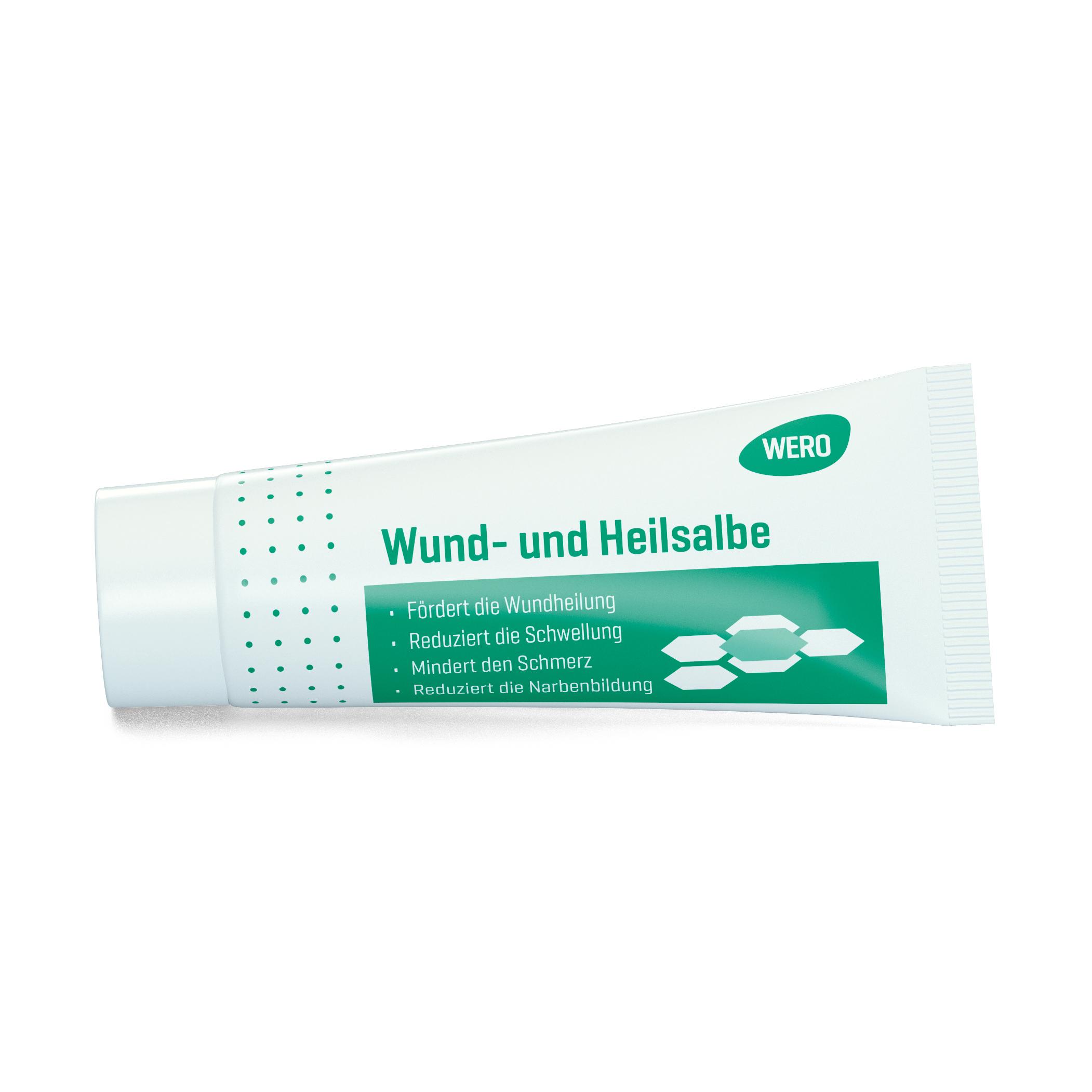 Tube WERO Wund- und Heilsalbe mit grünem Etikett, textlich als schorf- und narbenreduzierend sowie abschwellend und bei Prellungen geeignet beschrieben.