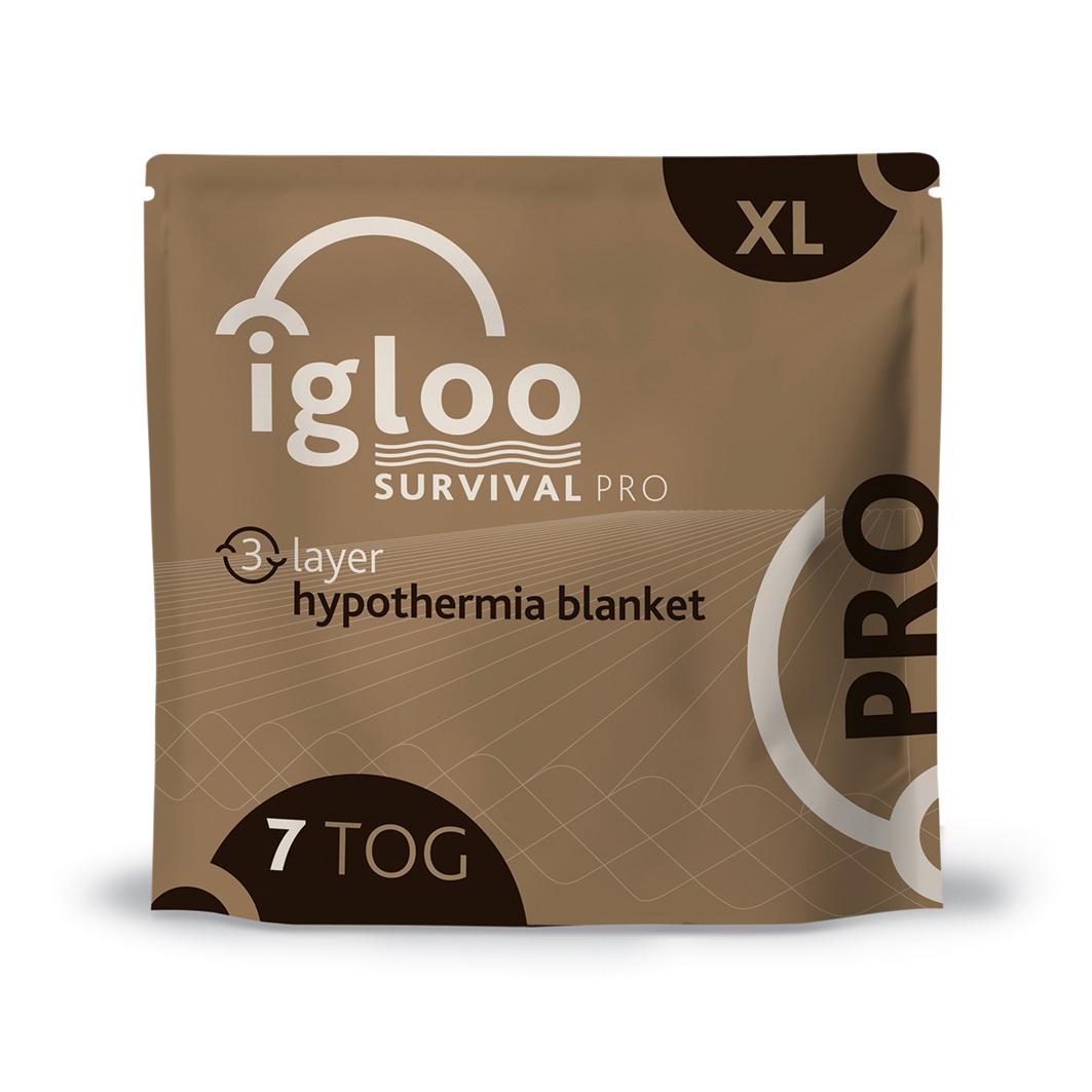 Braune Verpackung des igloo Survival Pro – Coyote, Größe XL, mit weißem Logo und Angaben zu 3-lagiger, 7 TOG Hypothermie-Decke.