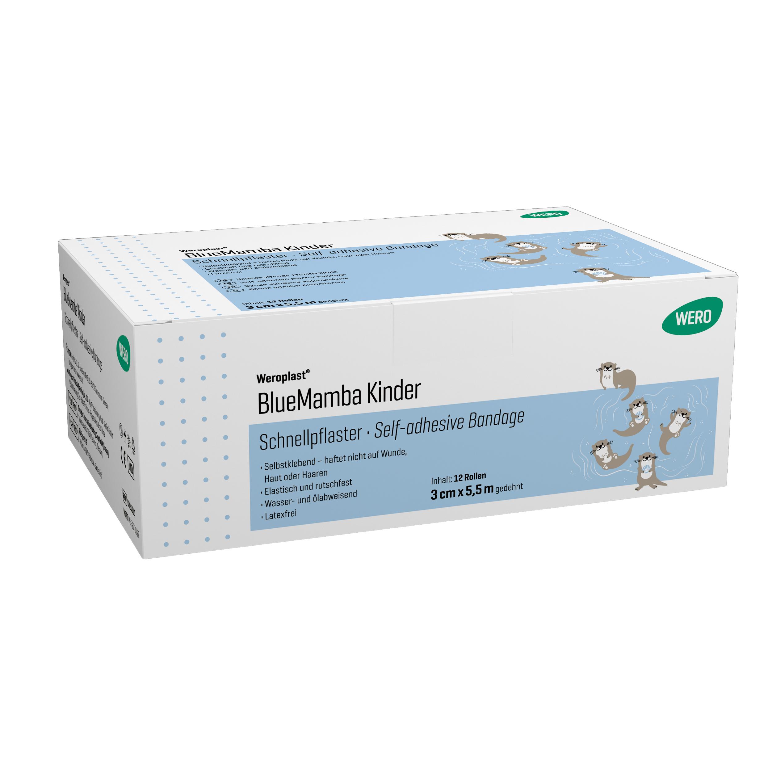 Eine Verpackung Weroplast® BlueMamba Kinder Schnellpflaster - Kinder - 12 Stk mit Otter-Illustrationen, die 12 selbsthaftende, latexfreie Pflasterrollen enthält.