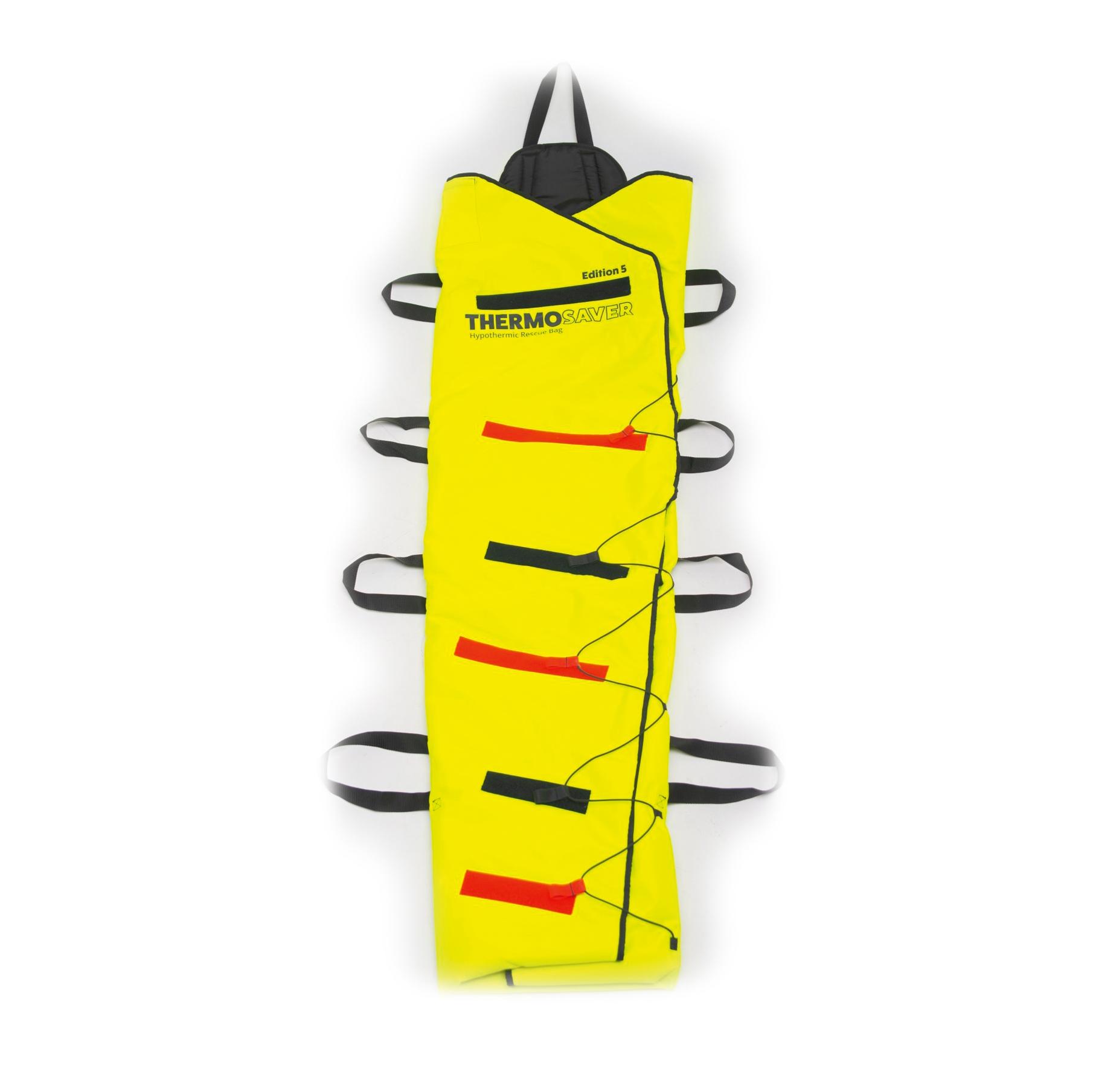 Leuchtend gelber Thermosaver Hypothermic Rescue Bag - Neongelb aus wasserabweisendem Polyester mit vier verstellbaren Gurten und reflektierenden Elementen.
