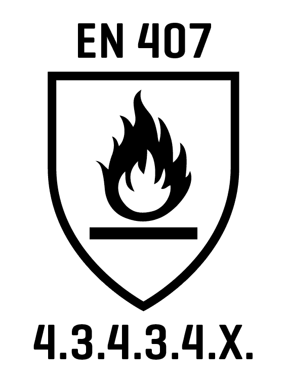 Schwarzes Flammensymbol mit fünf Spitzen und Querbalken auf weißem Schild als Logo.