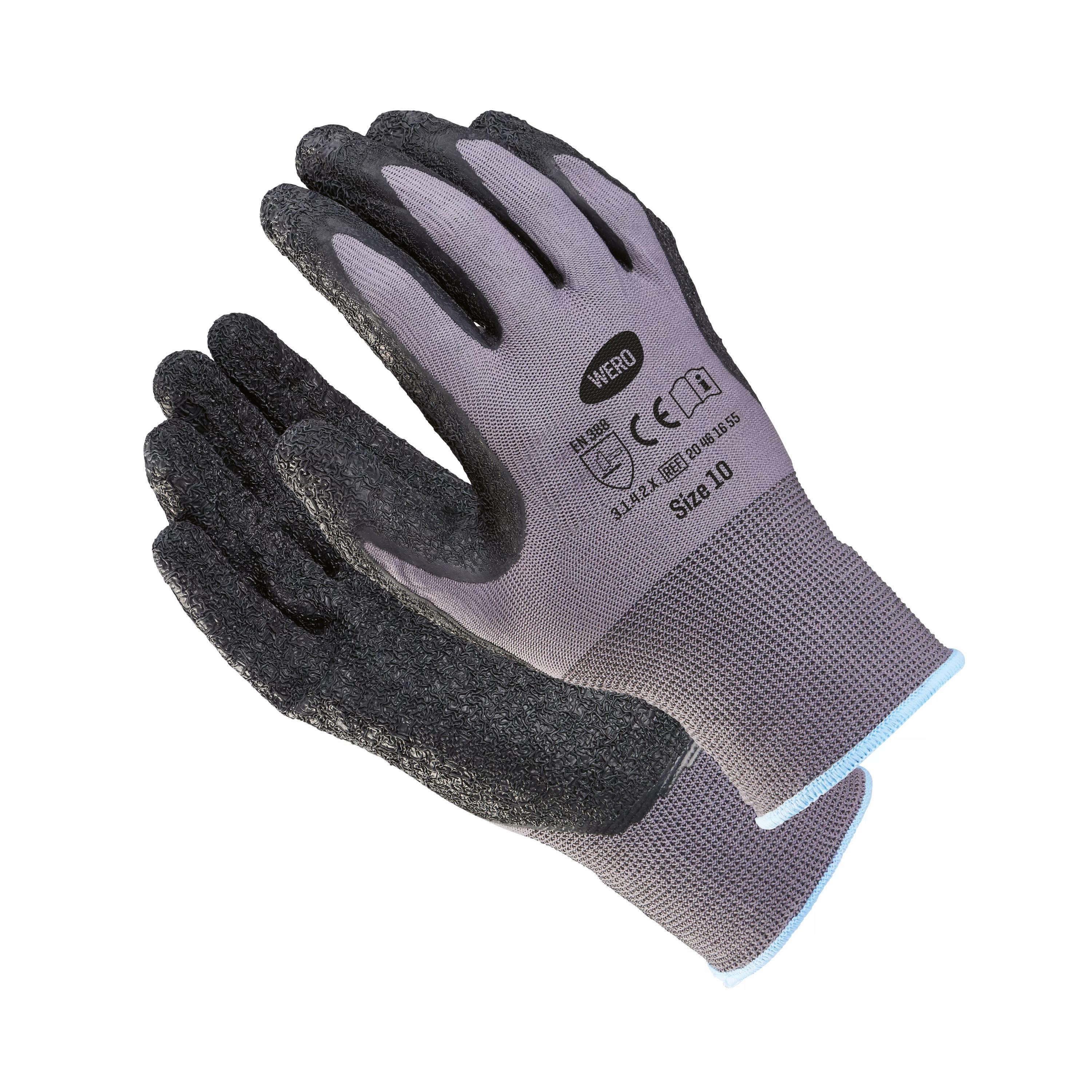 Ein Paar Montagehandschuh WERO HeavyGrip in Grau mit schwarzem, rutschfest beschichtetem Handrücken und hellblauen Bündchen, Größe 8.