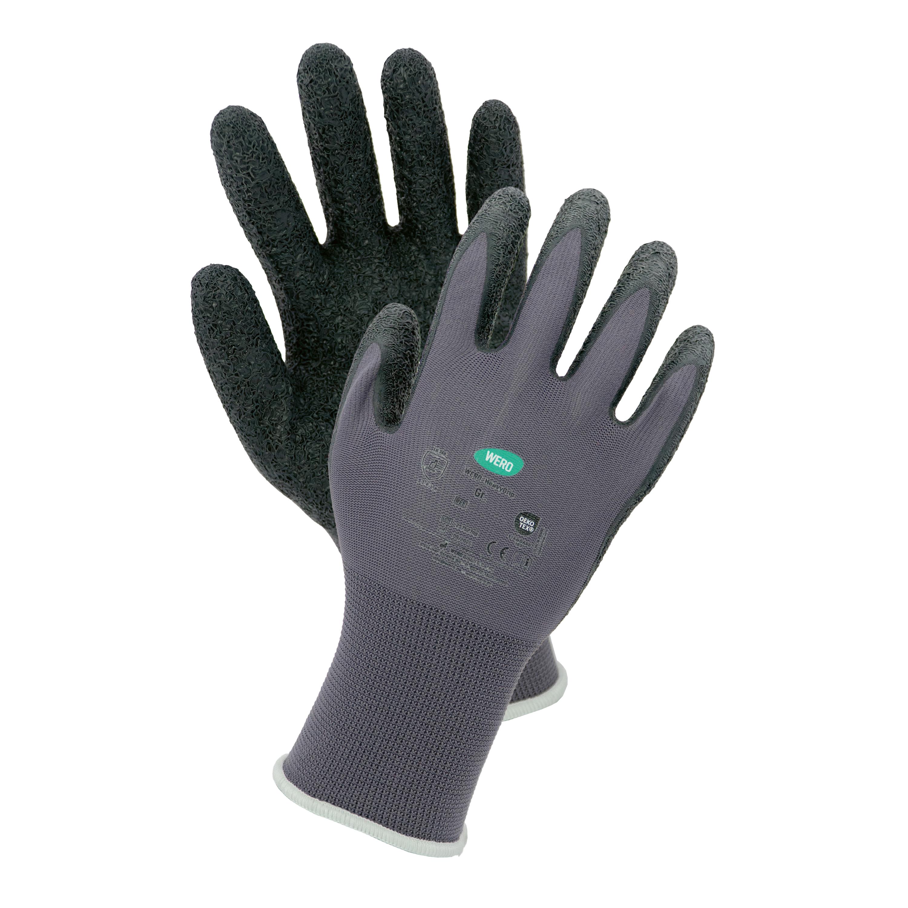 Ein Paar Montagehandschuh WERO HeavyGrip in Grau mit schwarzem, rutschfest beschichtetem Handrücken und hellblauen Bündchen, Größe 8.