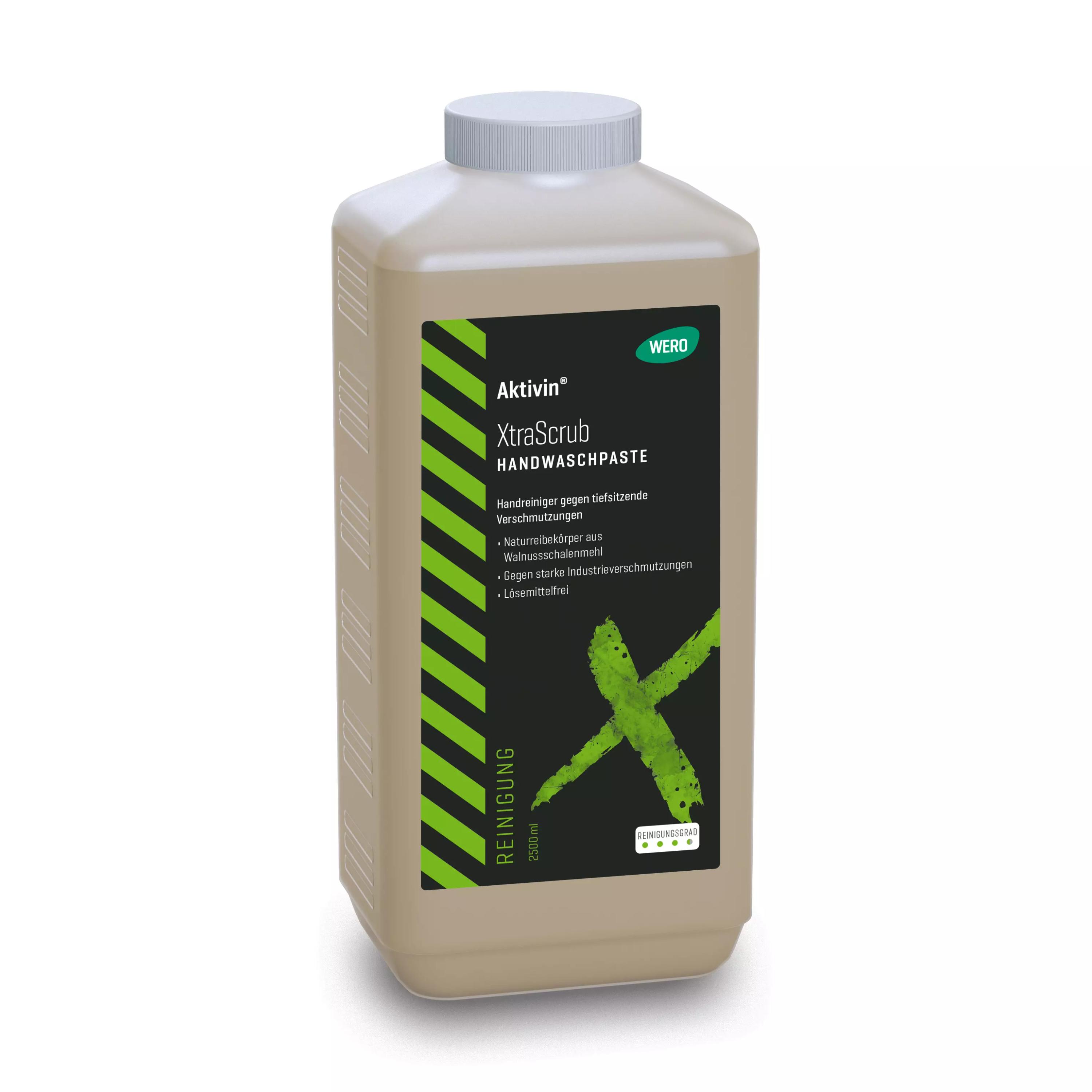 Beige Euroflasche Hautreinigung Aktivin® XtraScrub 2.500 ml mit grün-schwarzem Etikett, weißem Klappdeckel und Warnhinweis zu möglicher Hautreizung.