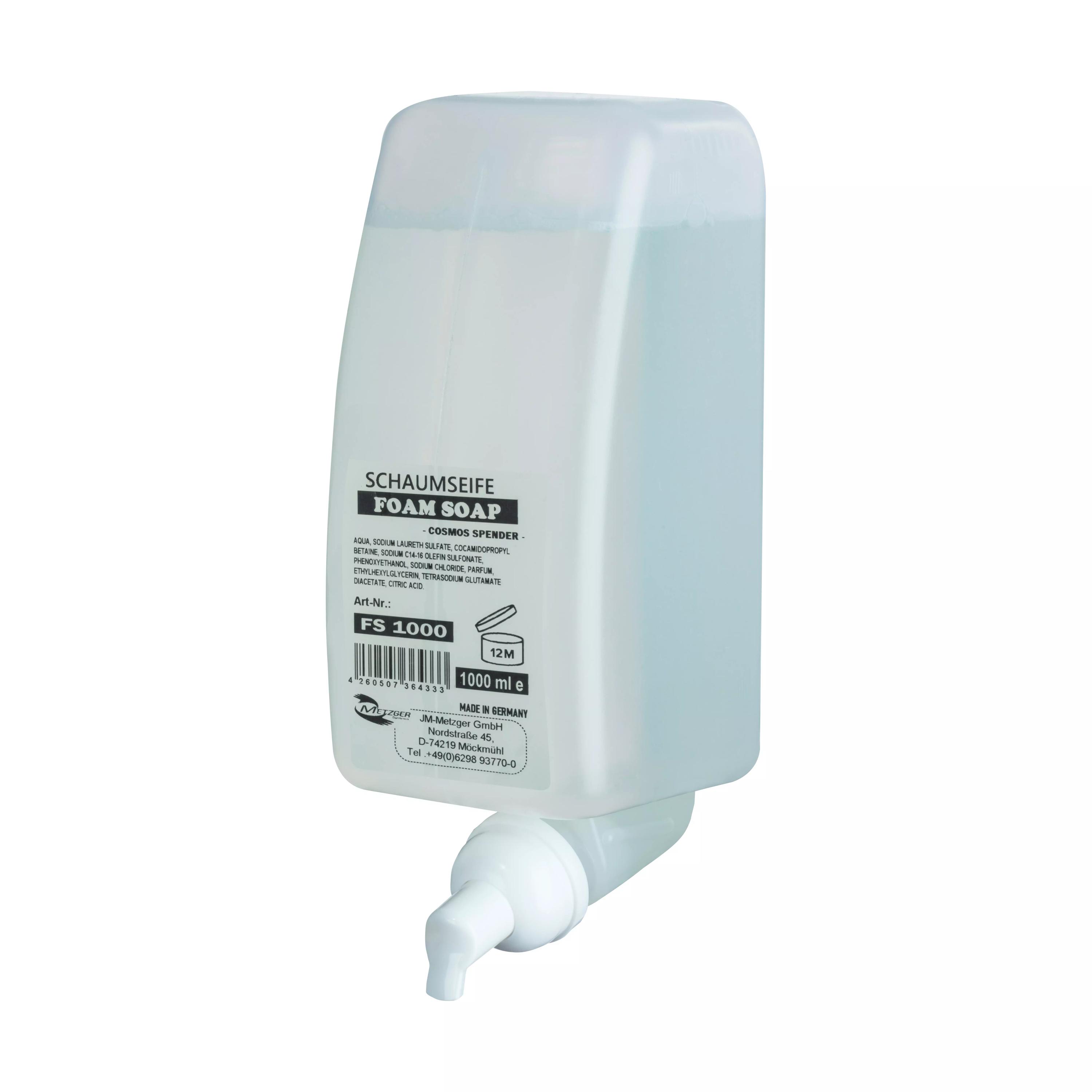 Klarglasflasche Schaumseife RATIO - parfümiert mit weißem Pumpspender, 1000 ml, für bis zu 2500 Anwendungen, ergiebiges Konzentrat.