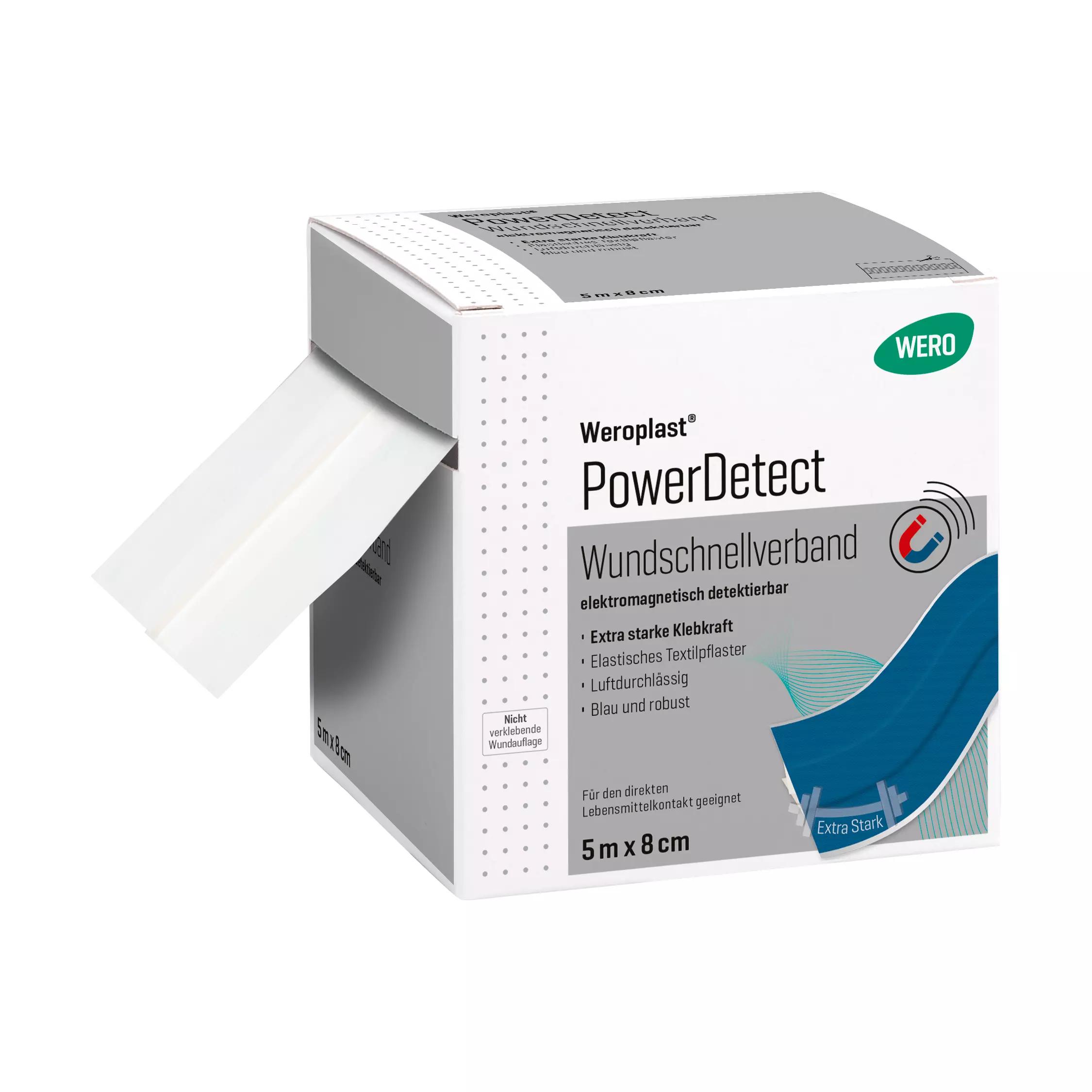 Eine geöffnete Packung Wundschnellverband Weroplast® PowerDetect, 8 cm breit, 5 m lang, mit blauem Textilgewebe und integriertem Aluminiumstreifen.