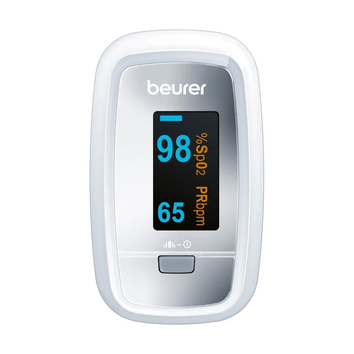 Beurer Pulsoximeter PO 30 in Weiß mit silbernem Display, zeigt Sauerstoffsättigung 98 % sowie Puls, kompakte Form und seitlichem Bedienelement.