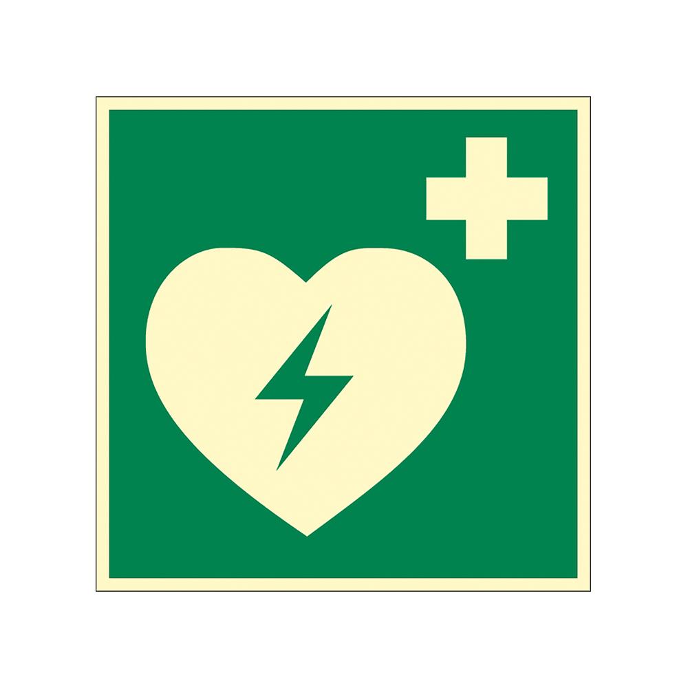 Grünes Rettungszeichen - Defibrillator - Standard mit weißem Herz, grünem Blitz und Kreuz nach DIN EN ISO 7010 zur Kennzeichnung eines Defibrillators.