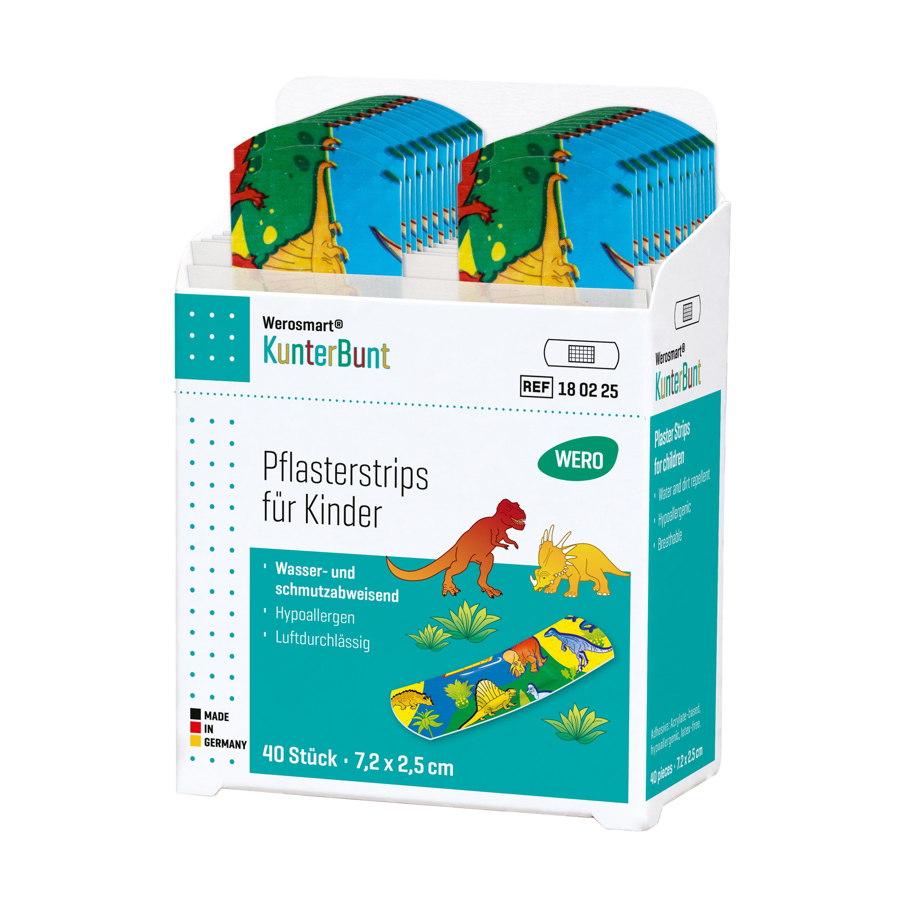 Werosmart® KunterBunt für Kinder Pflasterspender-Einsätze Pflasterstrips mit bunter Dinosaurierillustration im weißen Karton mit Tragegriff