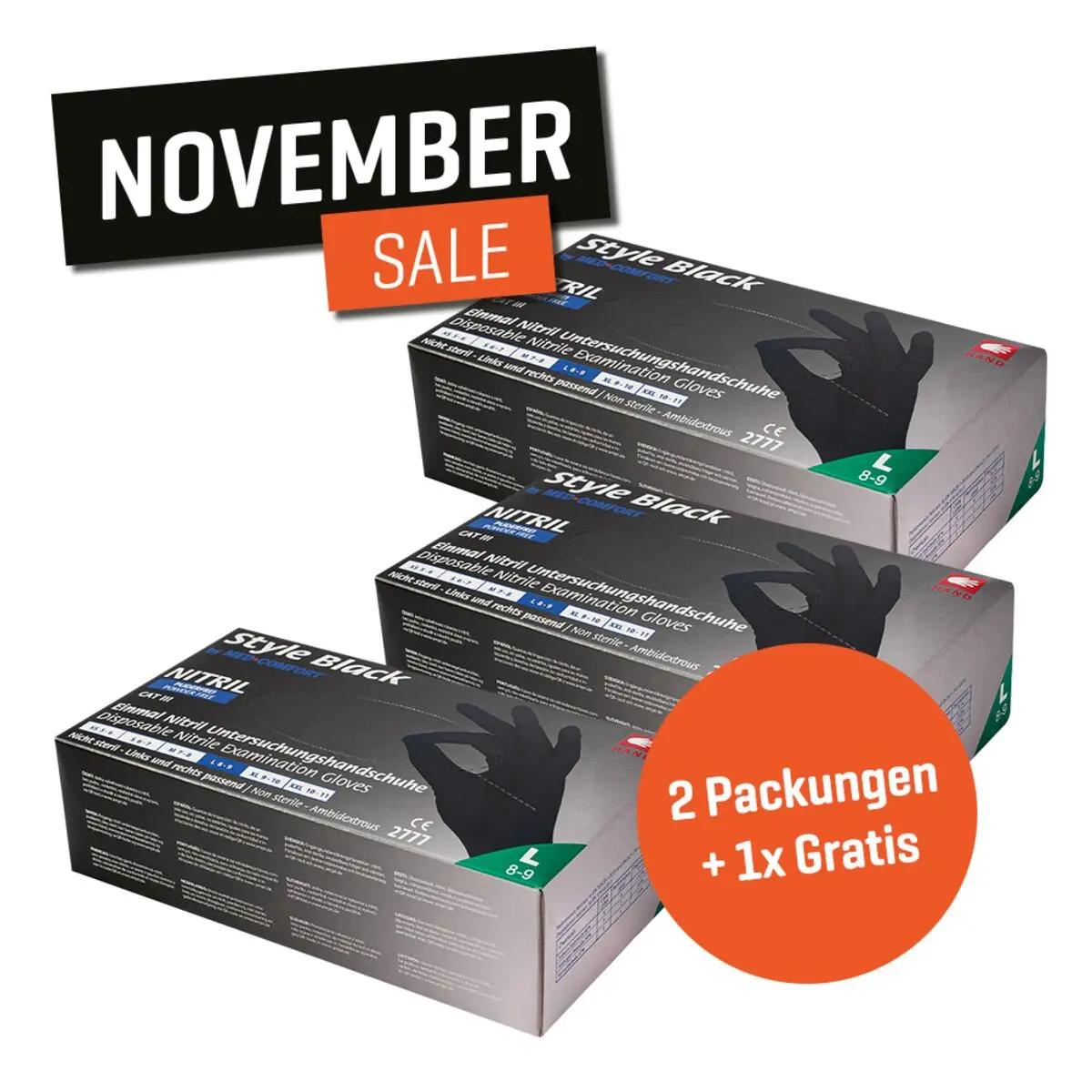 Drei schwarze Boxen Nitrilhandschuhe „Style Black“ mit Hinweis auf November-Angebot und Aktion „2 Packungen + 1 gratis“.