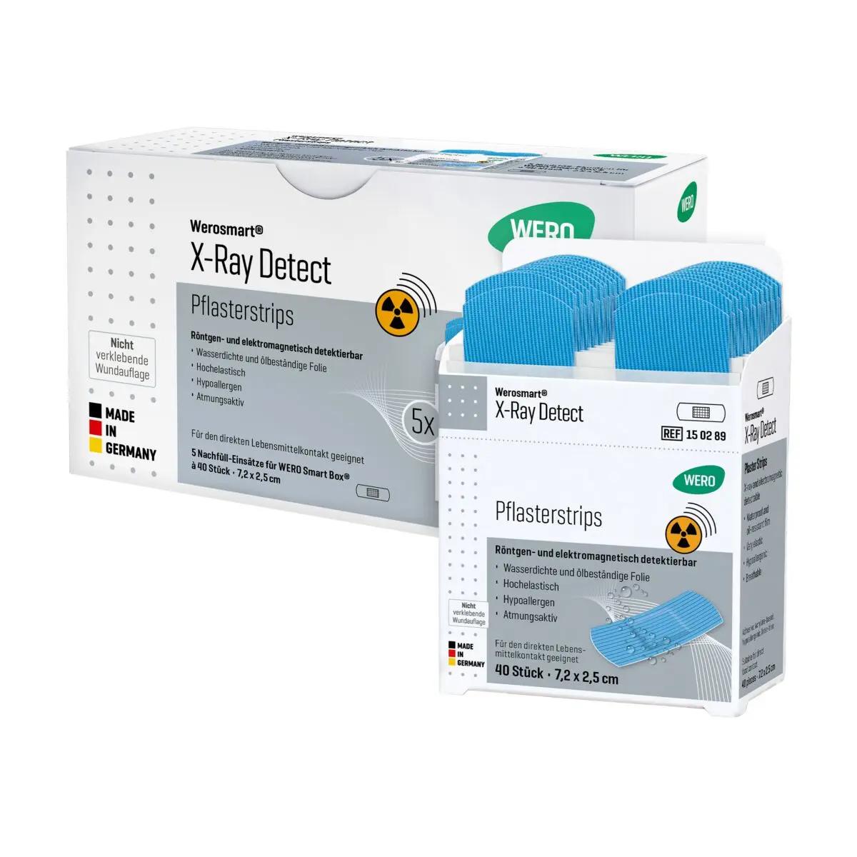 Zwei blaue Boxen Werosmart® X-Ray Detect Pflasterstrips mit je 40 detektierbaren Strips, erkennbar durch Röntgen- und Metalldetektoren, stehen nebeneinander.