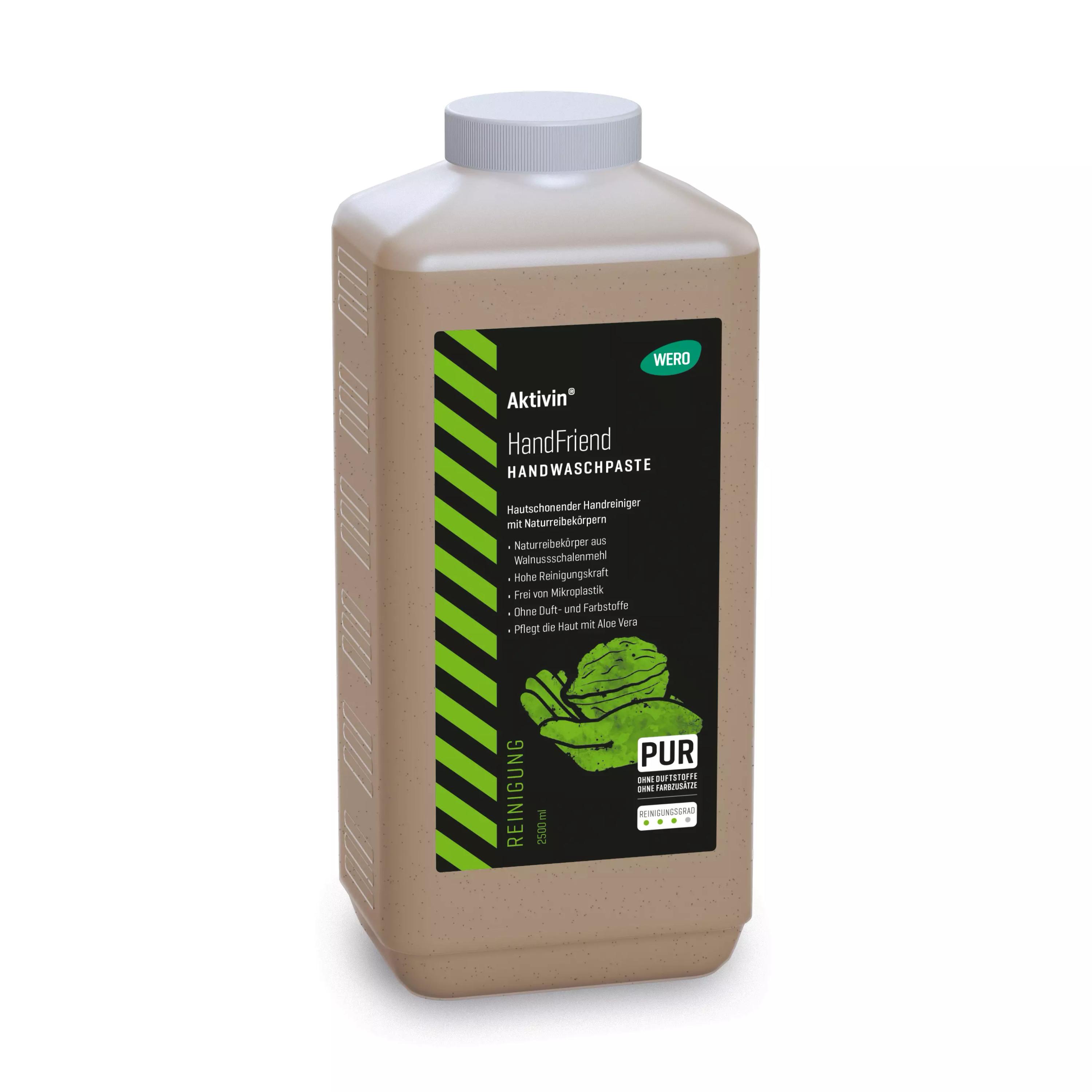 Braune Flasche Handwaschpaste Aktivin® HandFriend mit weißem Deckel, grün-weißer Beschriftung, biologisch abbaubaren Walnussschalen und hoher Reinigungskraft.
