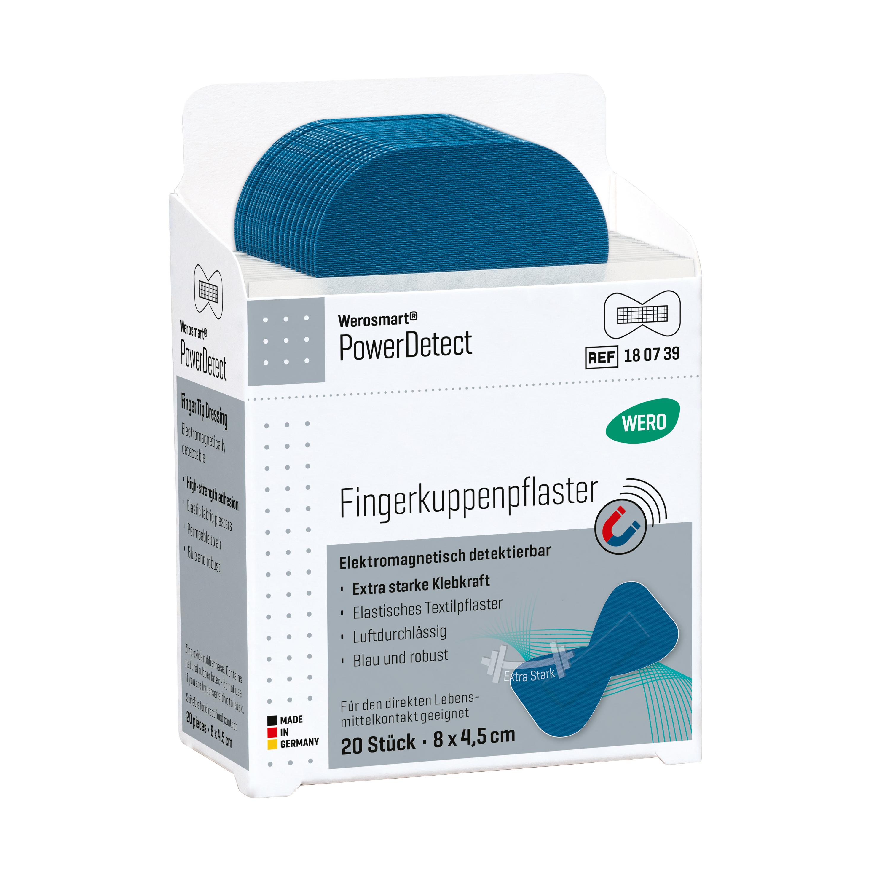 Werosmart® PowerDetect Pflasterspender-Einsätze Fingerkuppenpflaster in Blau mit extra starker Klebkraft und elektromagnetischer Detektierbarkeit in geöffneter Box.