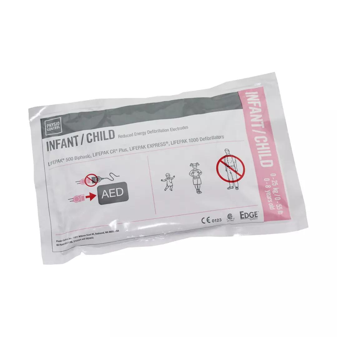 Defibrillationselektroden QUIK-PAK für Kinder für LIFEPAK liegen flach, zeigen Anleitung und Altersangaben auf weißer Verpackung mit pinkem Band.
