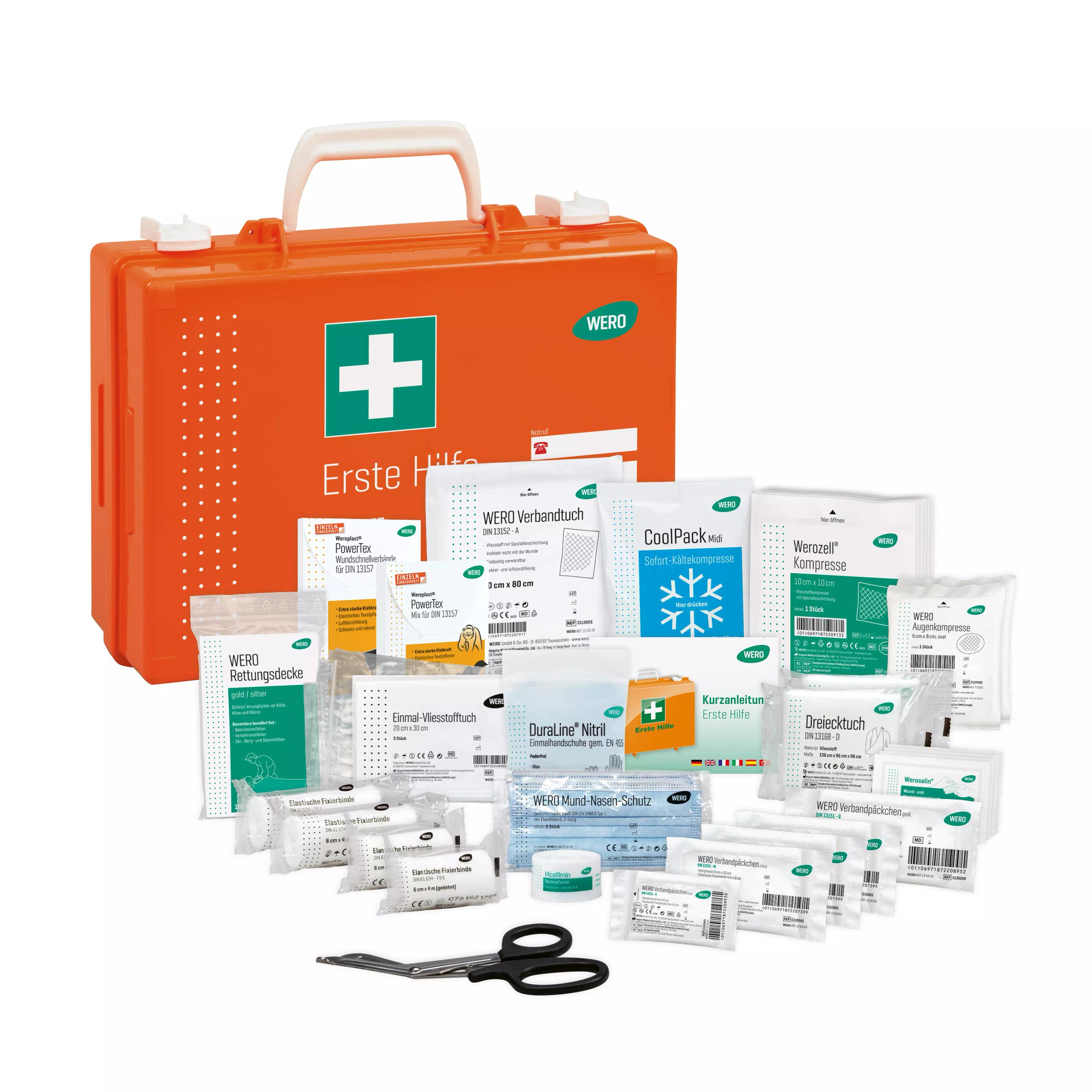 Eine geöffnete Werotop® 350 Erste Hilfe Koffer mit DIN-Basisfüllung DIN 13157, sichtbar befüllt mit Pflastern, Verbänden und medizinischem Zubehör.