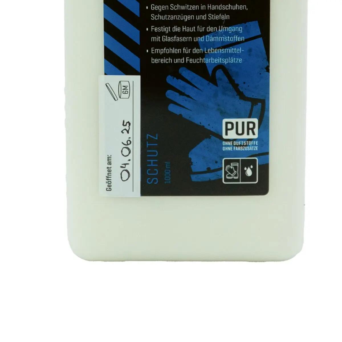 Weiße Kunststoffflasche Sticker: Haltbarkeit Aktivin-Produkte - 6M mit blauem Etikett, Angabe 1000 ml, Hinweis zur Anwendbarkeit für Haut und Haar.