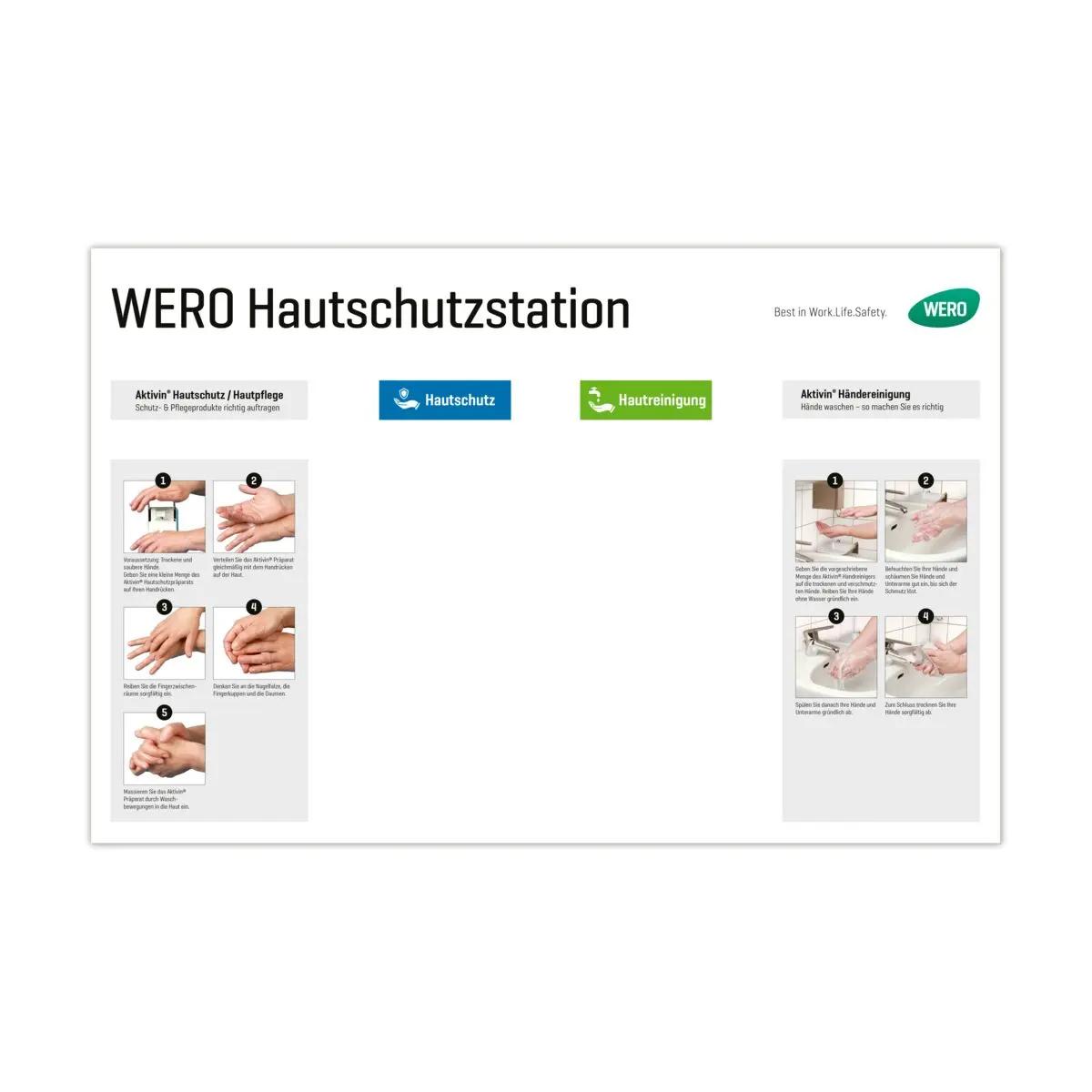 Poster mit neun illustrierten Schritten zur richtigen Handhygiene und detaillierter Anleitung auf Deutsch, WERO Logo oben rechts.