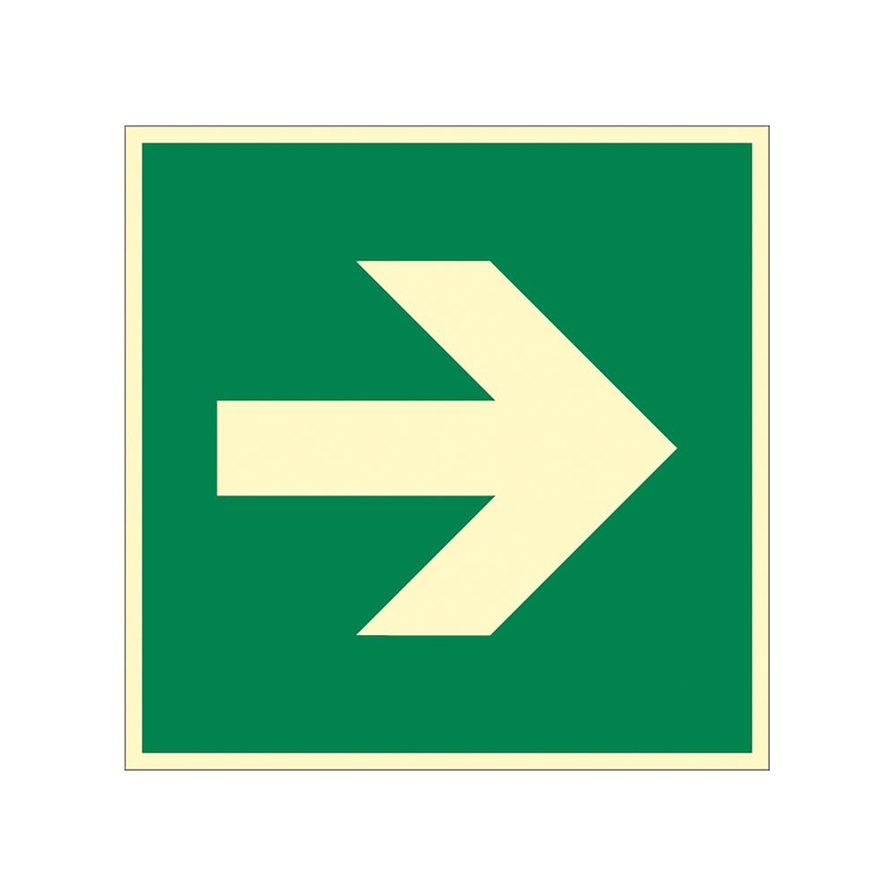 Grünes Rettungszeichen: Richtungsangabe Pfeil - Standard aus Kunststoff, lang nachleuchtend, mit weißem Pfeil nach rechts.