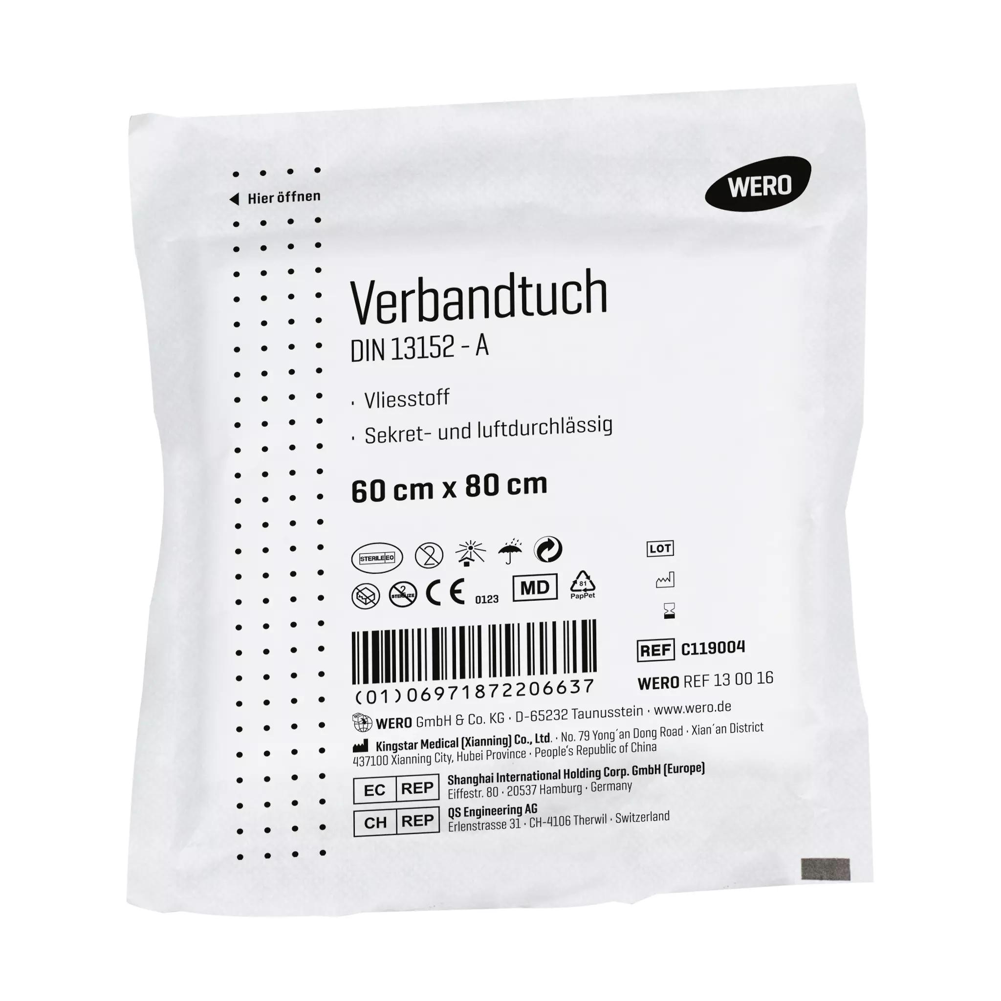 Weiße Verpackungsbox des Verbandtuch DIN 13152, steril - 60 cm, 1 Stk mit Produktdetails, CE-Zertifizierung und Herstellerangaben.