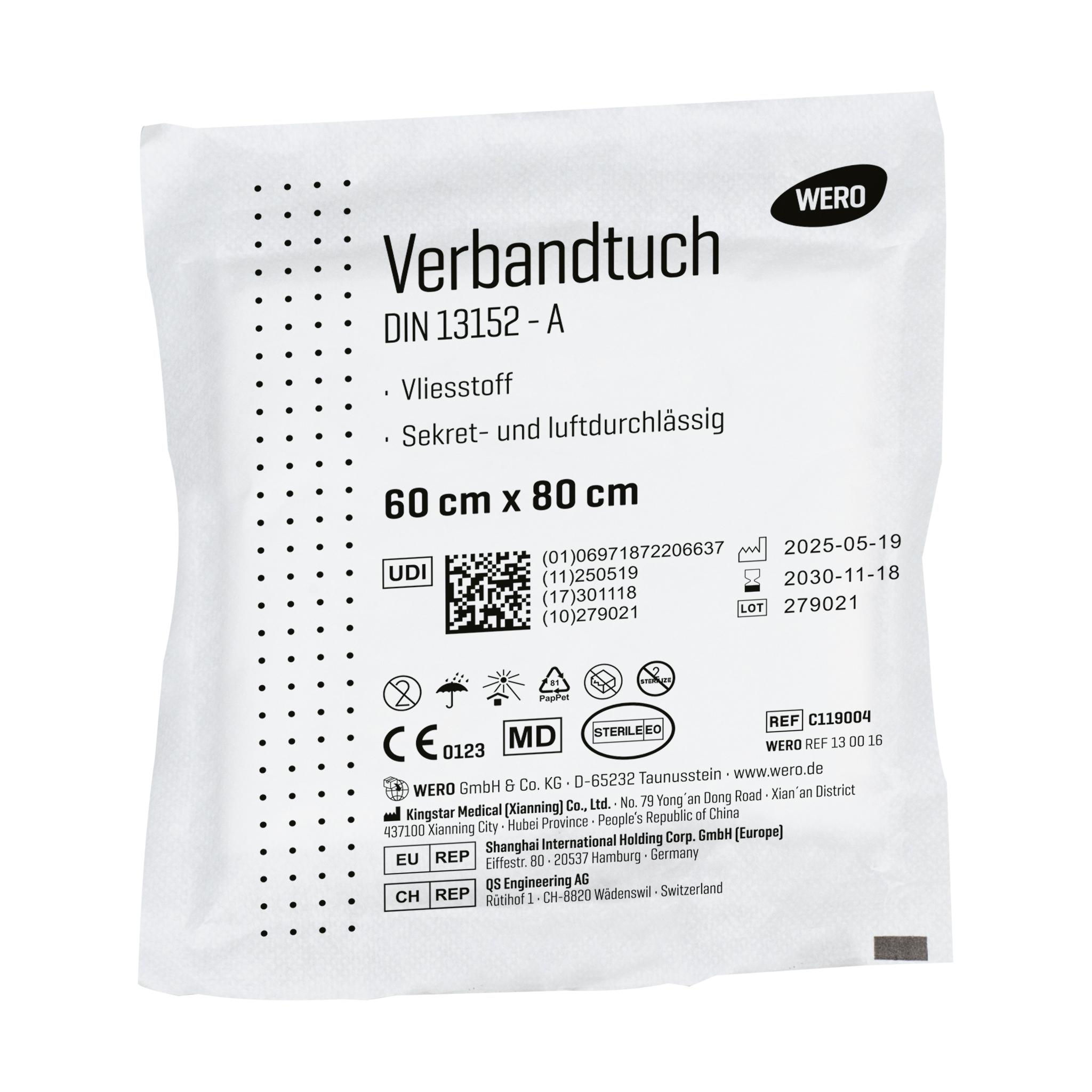 Weiße Verpackungsbox des Verbandtuch DIN 13152, steril - 60 cm, 1 Stk mit Produktdetails, CE-Zertifizierung und Herstellerangaben.
