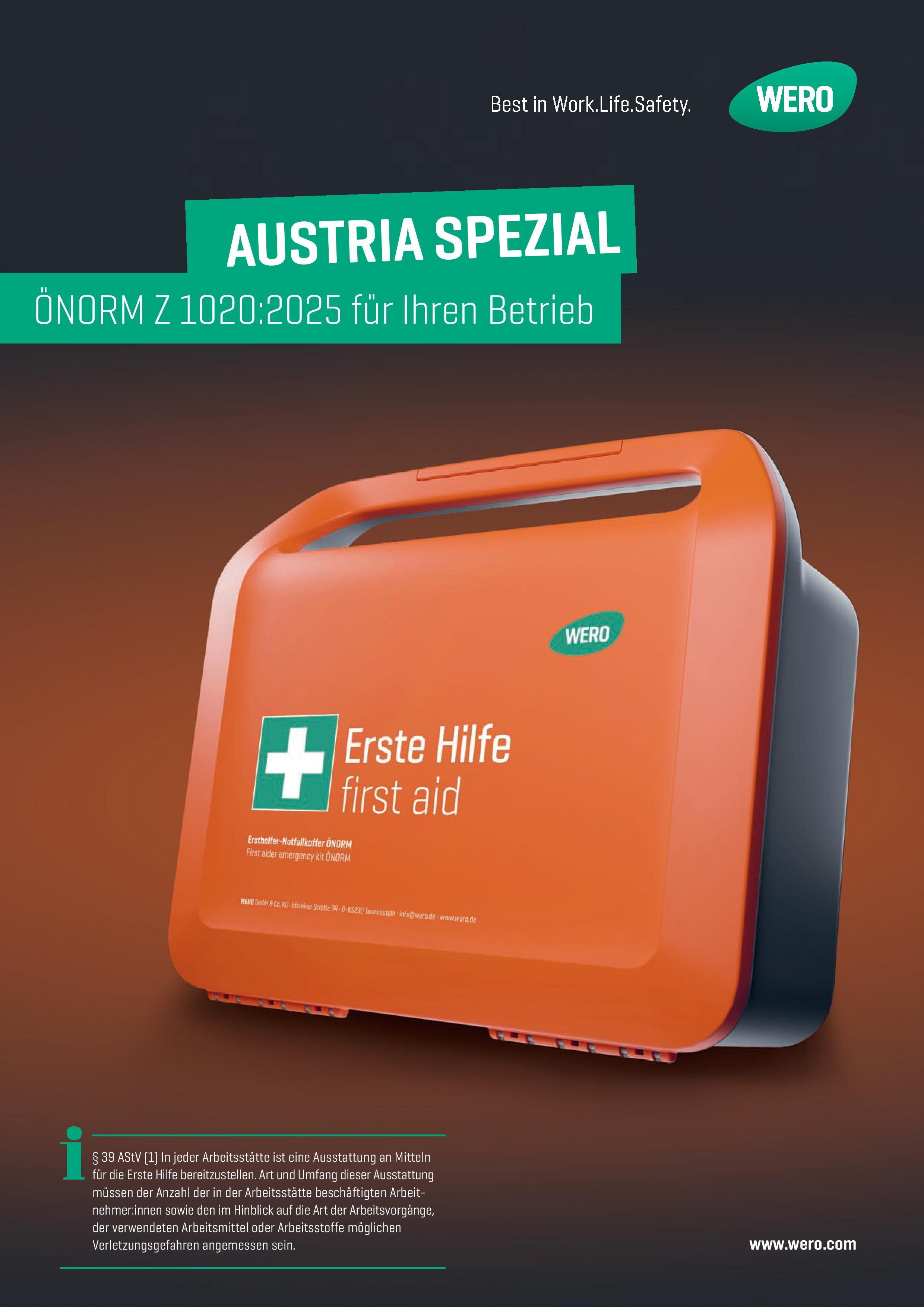 Orangefarbener Erste-Hilfe-Kasten mit weißem Kreuz und Aufschrift „Erste Hilfe first aid“ gemäß ÖNORM Z 1020:2025 für Betriebe