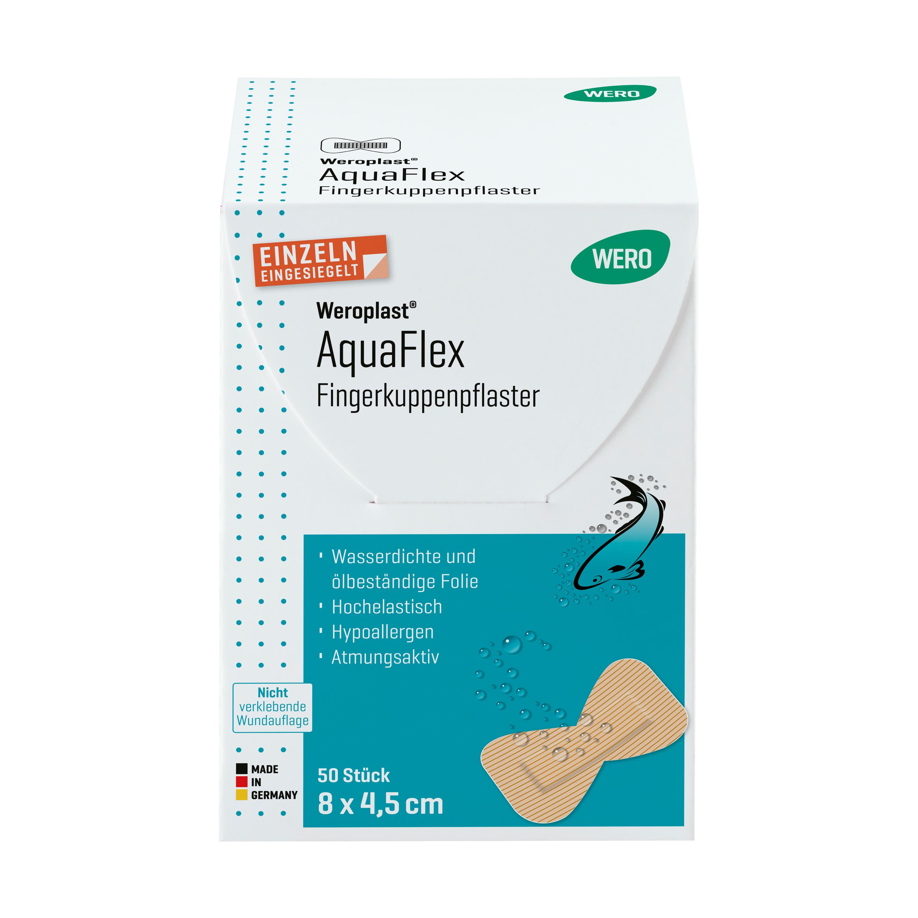 Eine geöffnete Packung Fingerkuppenpflaster Weroplast® AquaFlex zeigt Pflaster mit wasserdichter, superelastischer, flexibler Trägerfolie.
