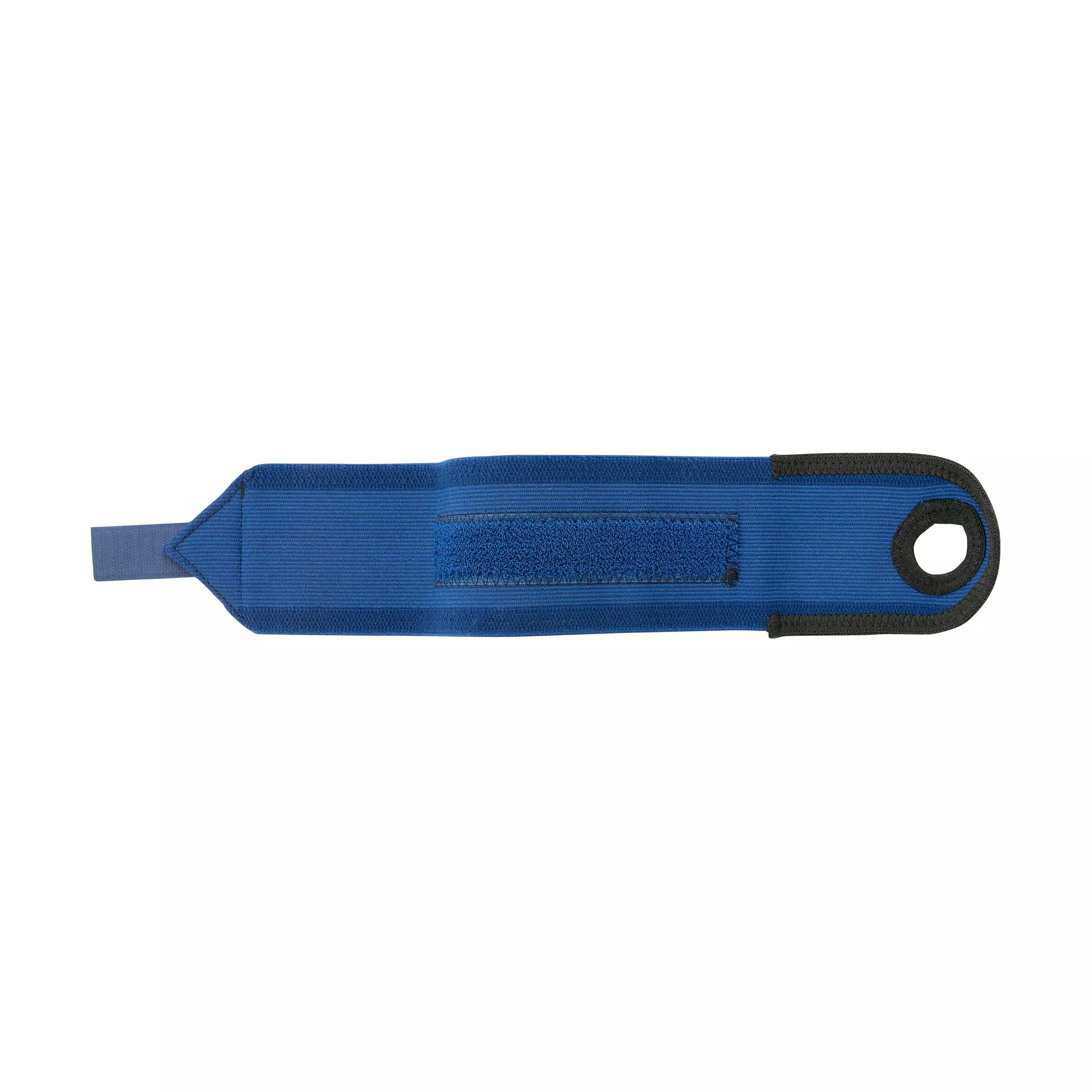 Handgelenkbandage WERO Sanit® Supra mit Daumenschlaufe aus blauem Baumwollmischgewebe, schwarze Kanten und Klettverschluss, flach ausgelegt.