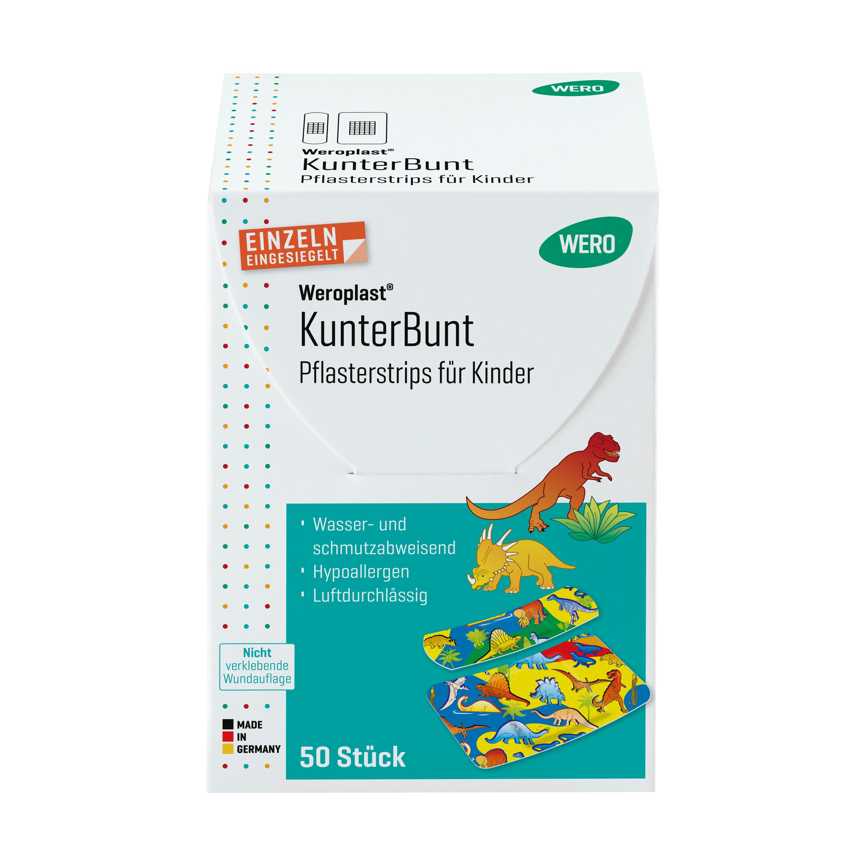Eine geöffnete Weroplast® KunterBunt Pflasterstrips Mix für Kinder, 50 Stk Box mit bunten Tiermotiven und zwei unterschiedlich großen weißen Schachteln.