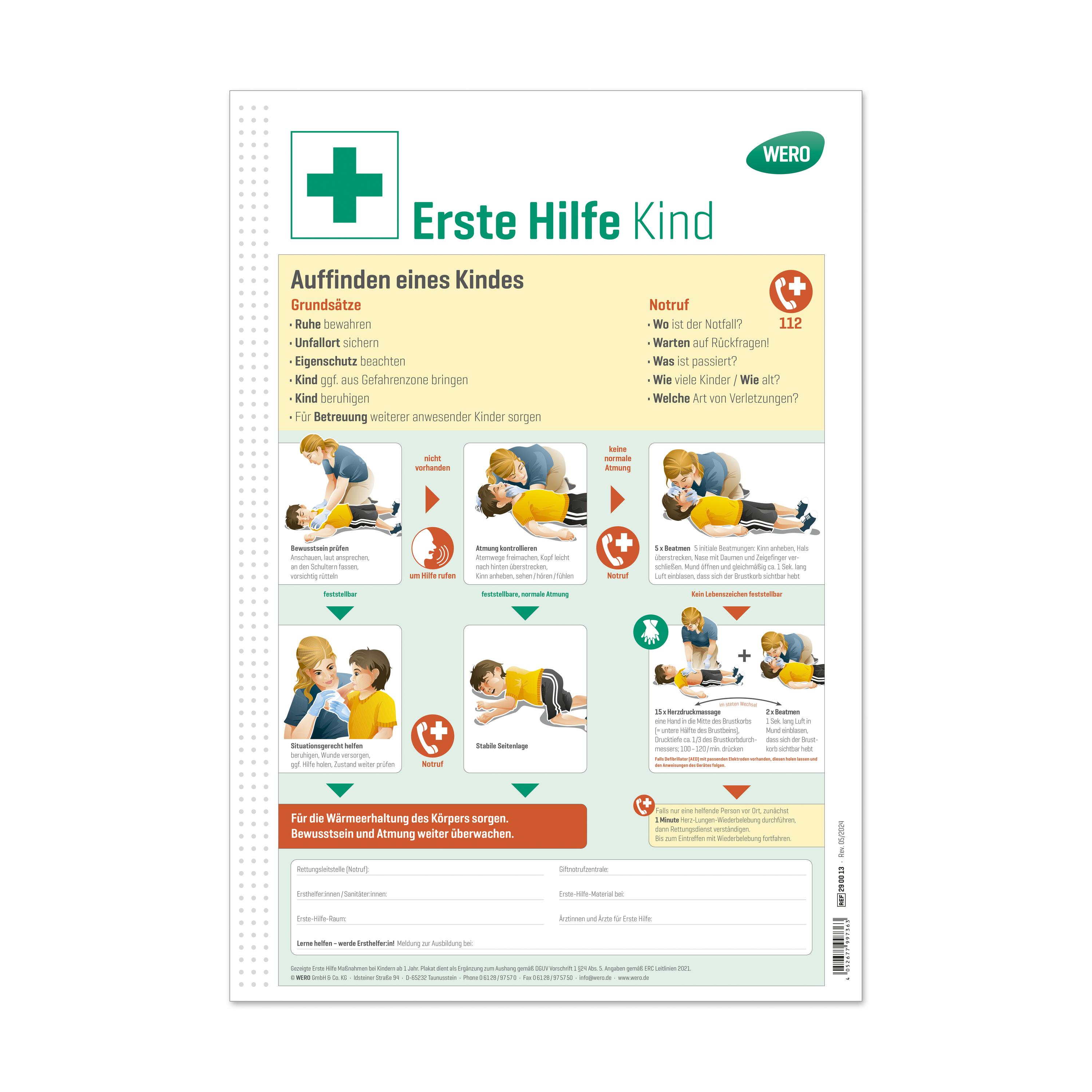 Didaktisch gestaltetes WERO Schild: Erste Hilfe bei Kindern mit bebilderten Schritt-für-Schritt-Anleitungen zur Ersten Hilfe für Erwachsene und Kinder.