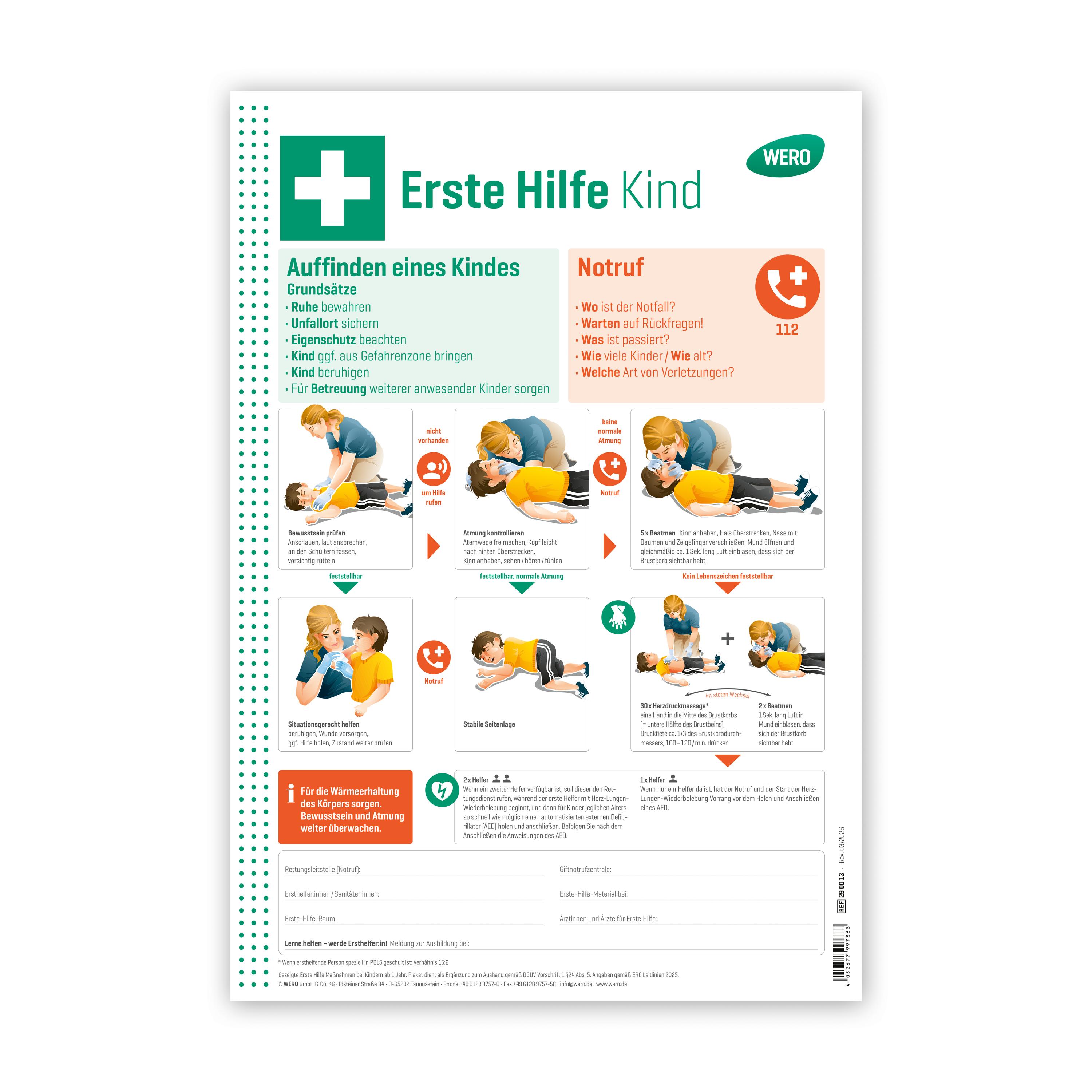Didaktisch gestaltetes WERO Schild: Erste Hilfe bei Kindern mit bebilderten Schritt-für-Schritt-Anleitungen zur Ersten Hilfe für Erwachsene und Kinder.