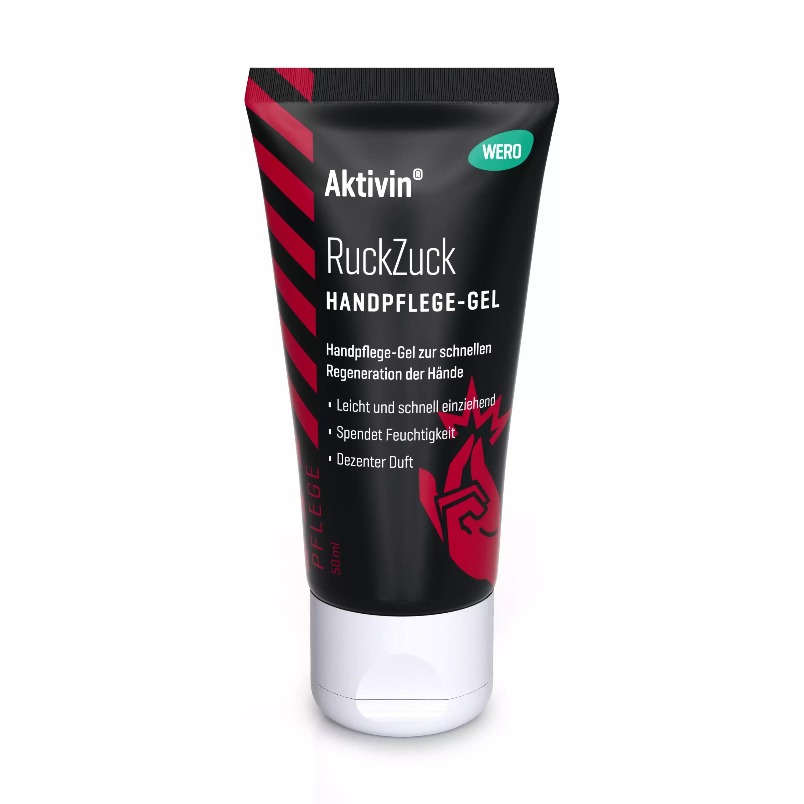 Eine schwarze Tube Handpflege-Gel Aktivin® RuckZuck mit roten Streifen steht aufrecht, 50 ml, feuchtigkeitsspendend, enthält Urea und Glycerin.