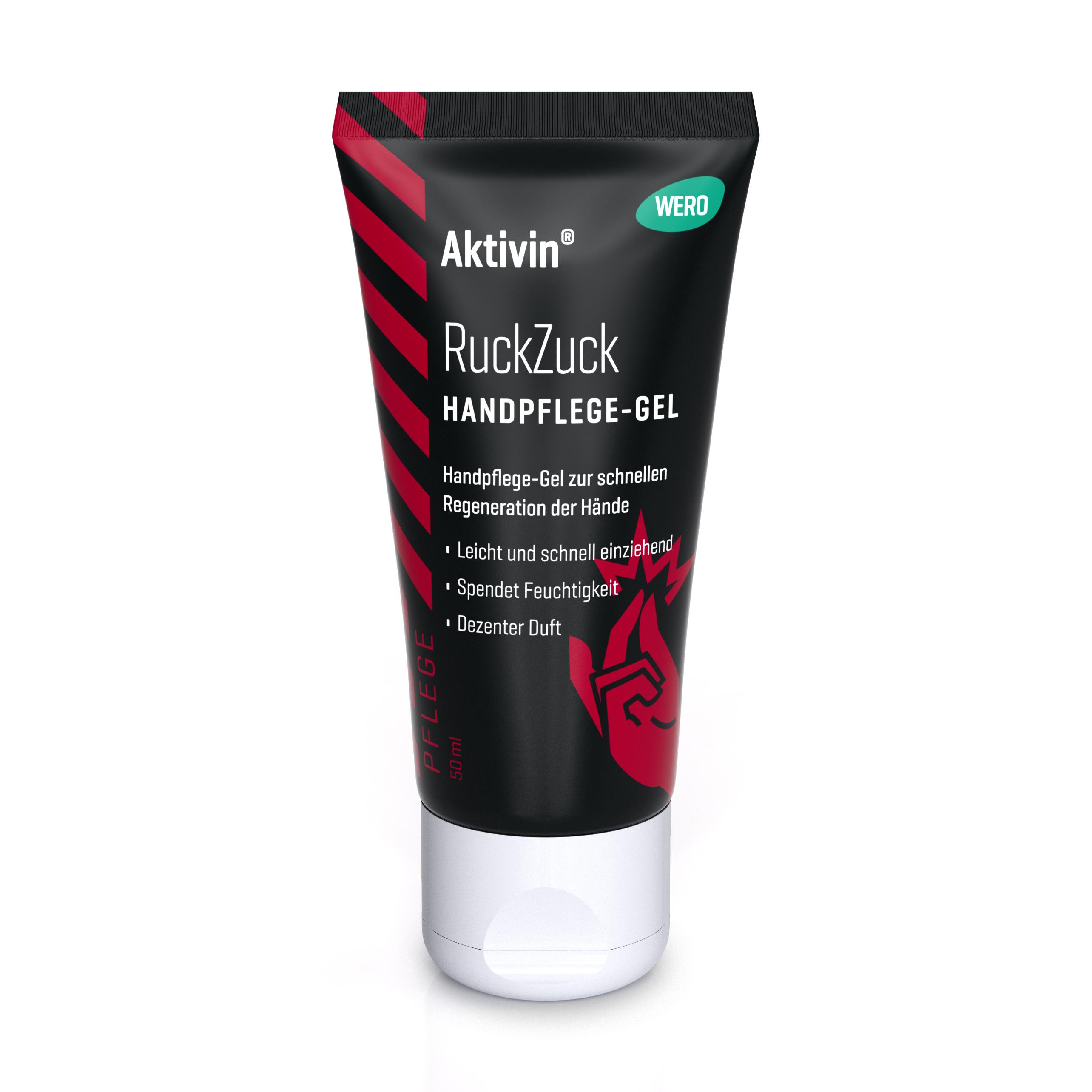Eine schwarze Tube Handpflege-Gel Aktivin® RuckZuck mit roten Streifen steht aufrecht, 50 ml, feuchtigkeitsspendend, enthält Urea und Glycerin.