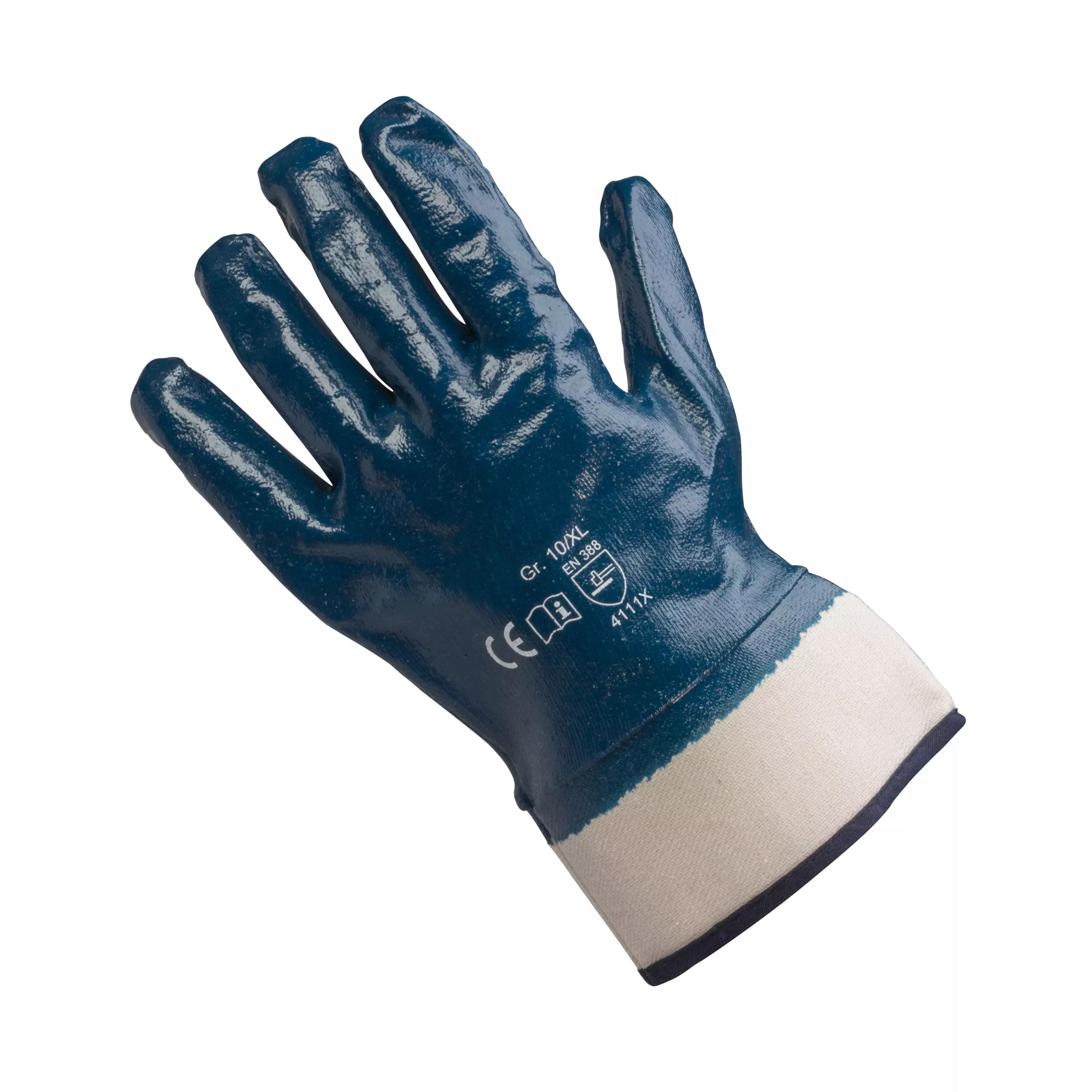 Eine blau-weiße Nitrilhandschuhgröße 10XL mit CE-Kennzeichnung und Markierung 411X, leicht geöffnet auf weißem Hintergrund.