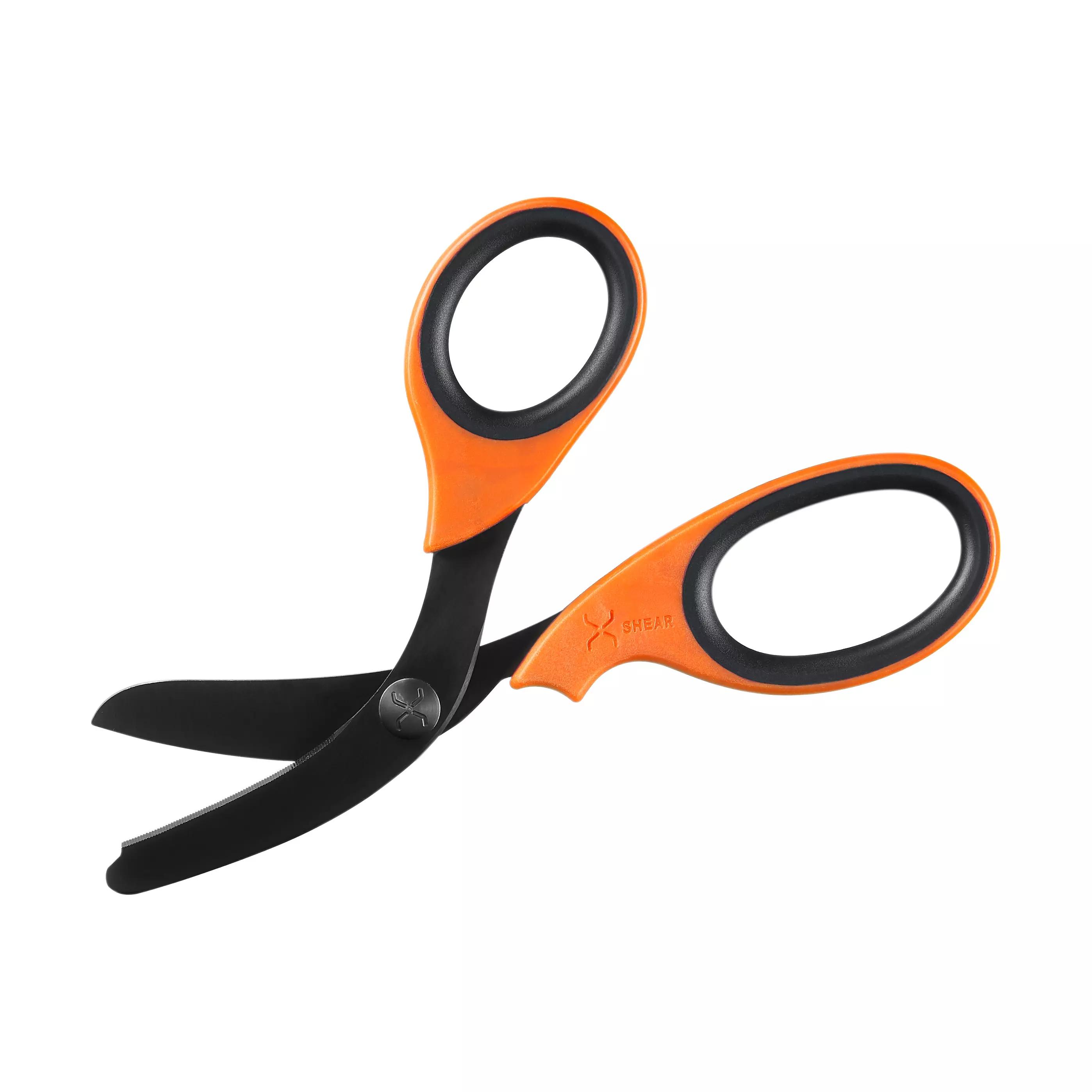 Traumaschere XSHEAR® - Orange mit gehärteten, schwarz beschichteten Edelstahlklingen, patentiert stumpfer Spitze und gebogenem Design, orangefarbene Griffe.