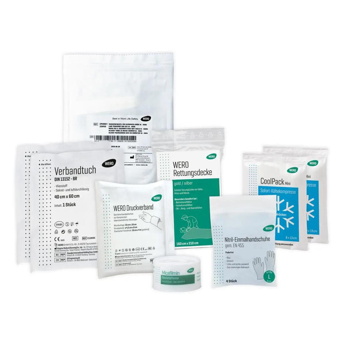 Verschiedene Verpackungen des WERO Replantat-Set - Klein, WERO Cool Packs, mit Beuteln, Bandagen und Kühlkompressen für Amputationsnotfälle.
