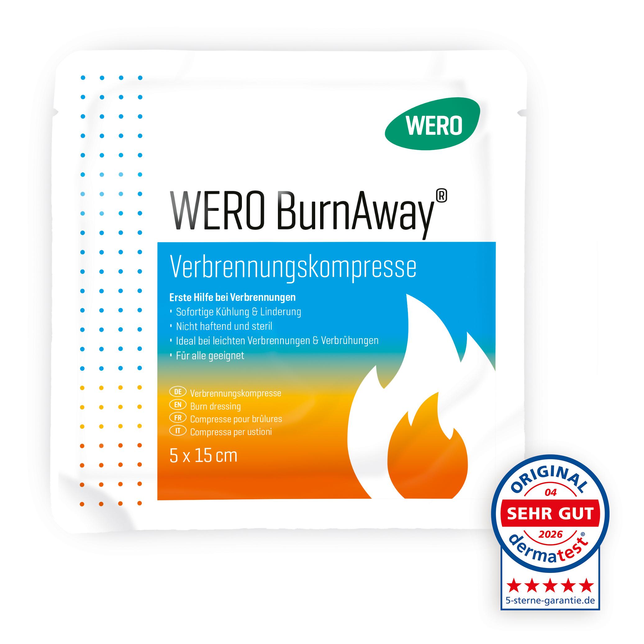 WERO BurnAway® Verbrennungskompresse 5 x 15 cm im weißen Beutel mit farbigem Etikett und Beschreibung zur Anwendung bei Verbrennungen.