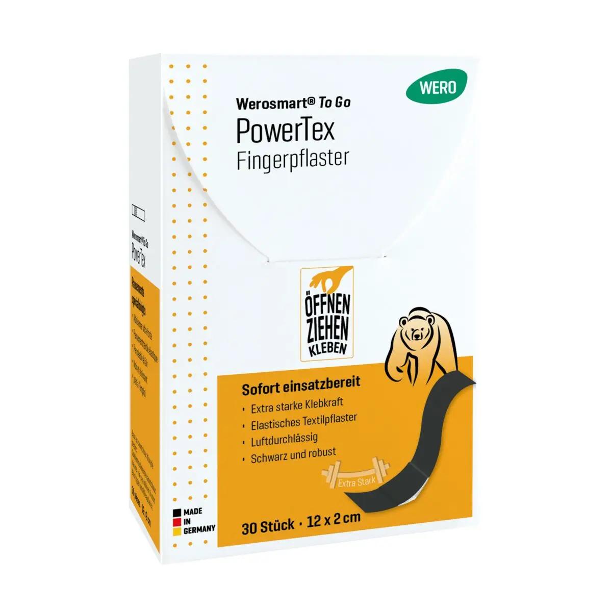 Eine aufrecht stehende Werosmart® To Go PowerTex Sofortpflaster-Box zeigt das extra starke Fingerpflaster mit gelb-orangem Etikett und Bärenmotiv.