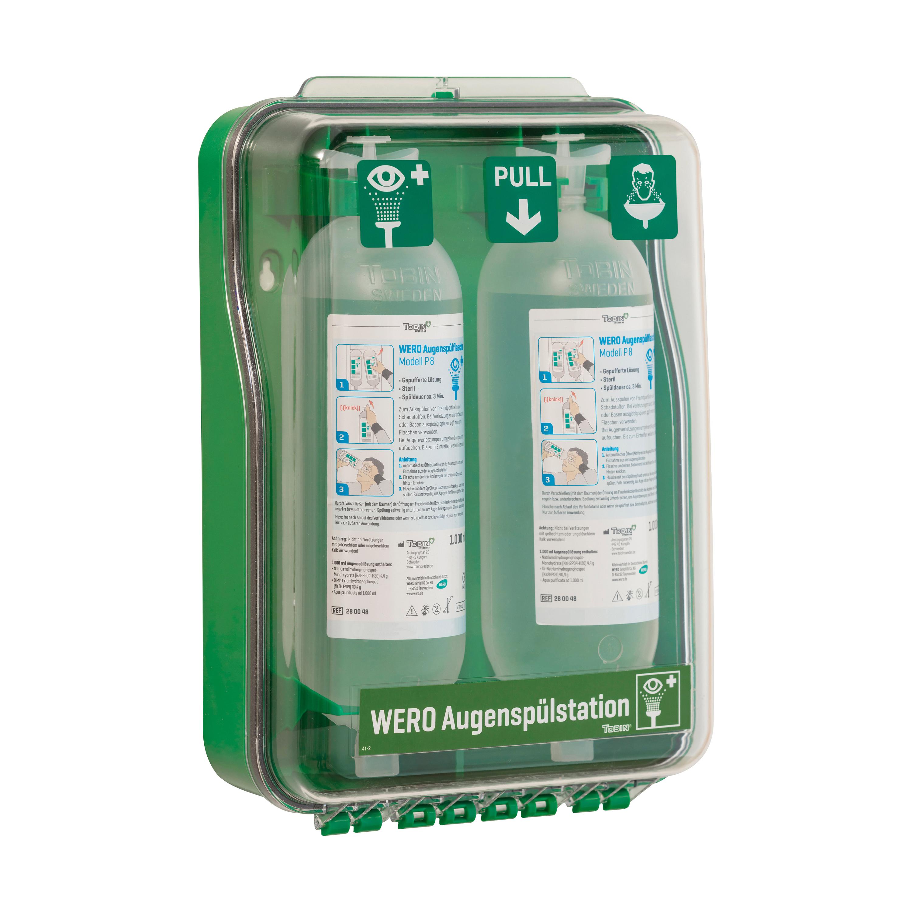 Grüne WERO Augenspülstation mit zwei weißen Augenspülflaschen P 8, gepufferte sterile Lösung, in abschließbarem Kunststoffschrank.