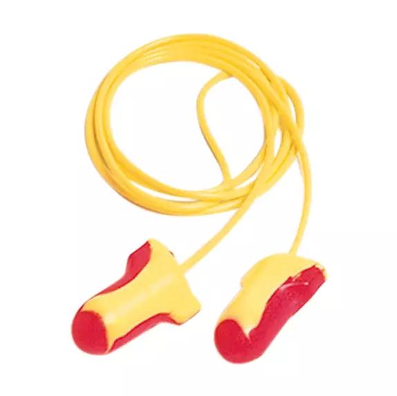 Gehörschutzstöpsel Honeywell Laser Lite® mit gelben und roten Akzenten, verbunden durch ein gelbes Band, geschwungen zur ergonomischen Anpassung.